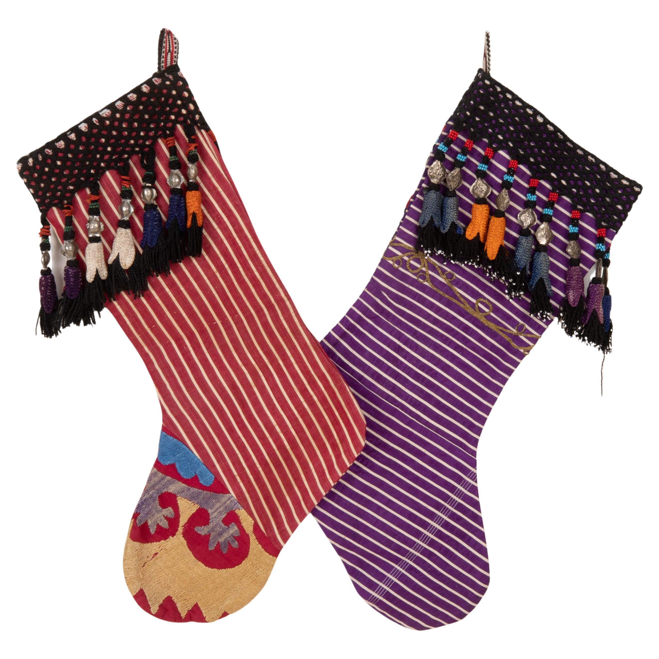 Double Sided Christmas Stockings Made from Vintage Turkish and Uzbek Textile Fra For Sale