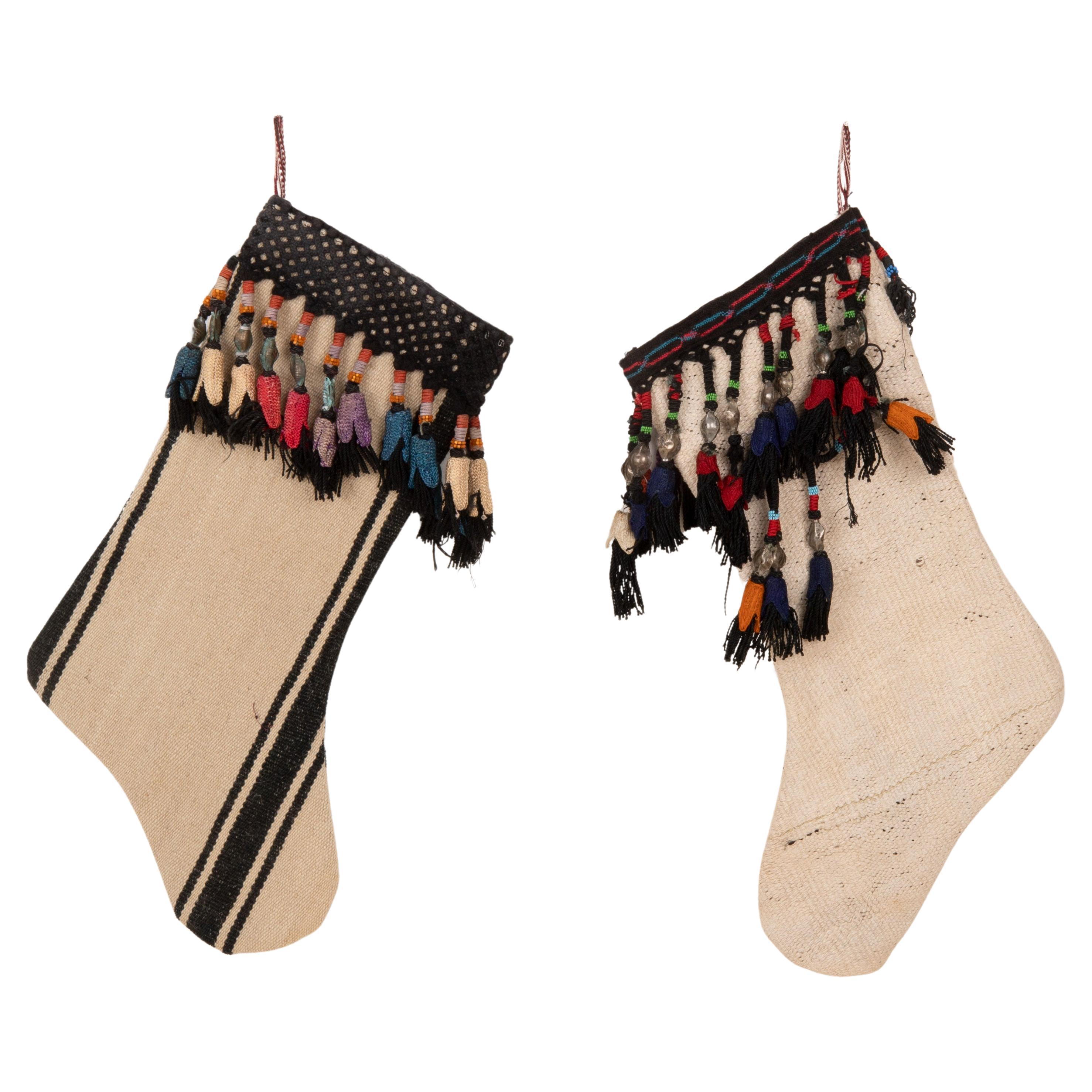 Double Sided Christmas Stockings Made from Vintage Turkish Kilim Fragments For Sale