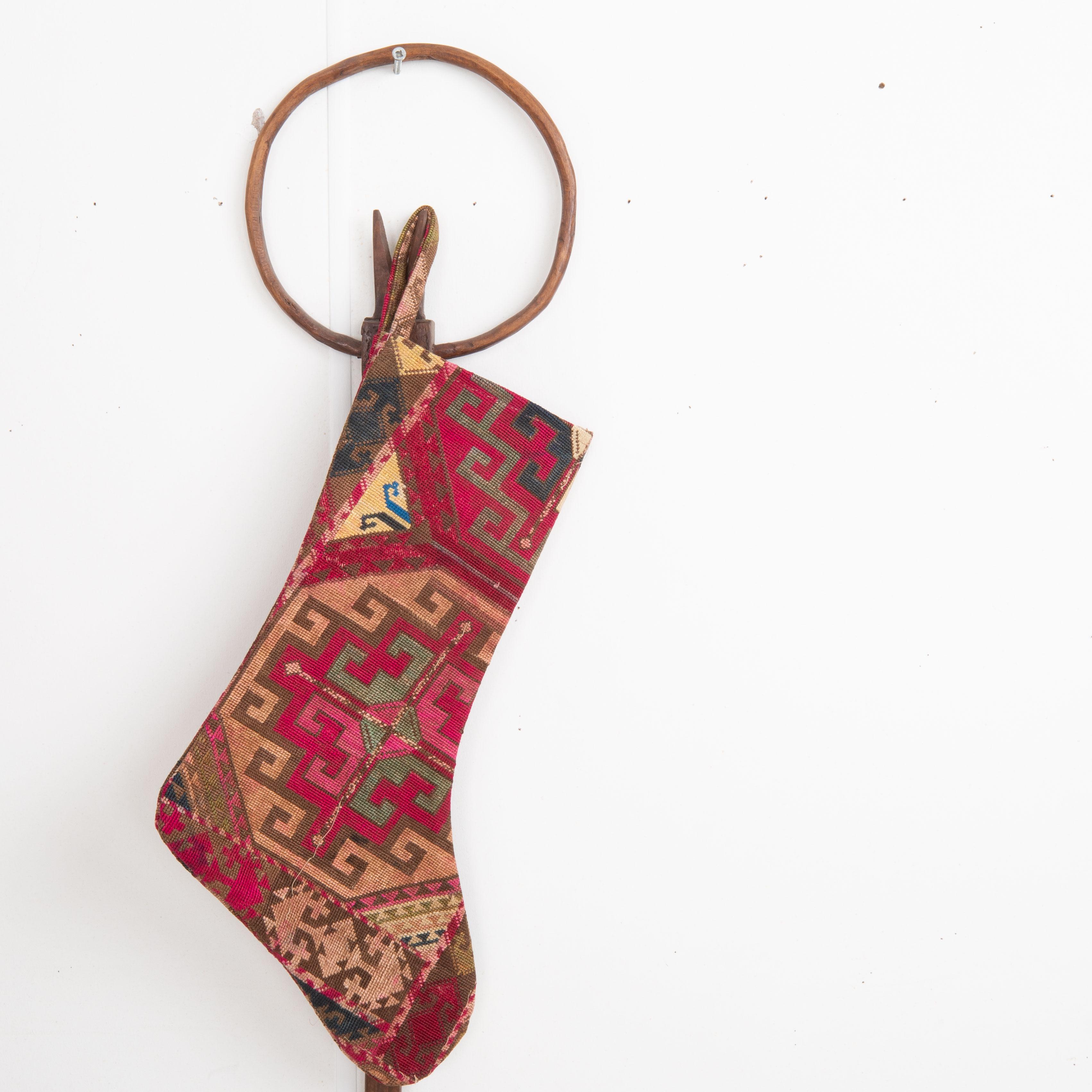 Silk Double Sided Christmas Stockings Made from Vintage Uzbek Lakai Embroidery Fragme For Sale