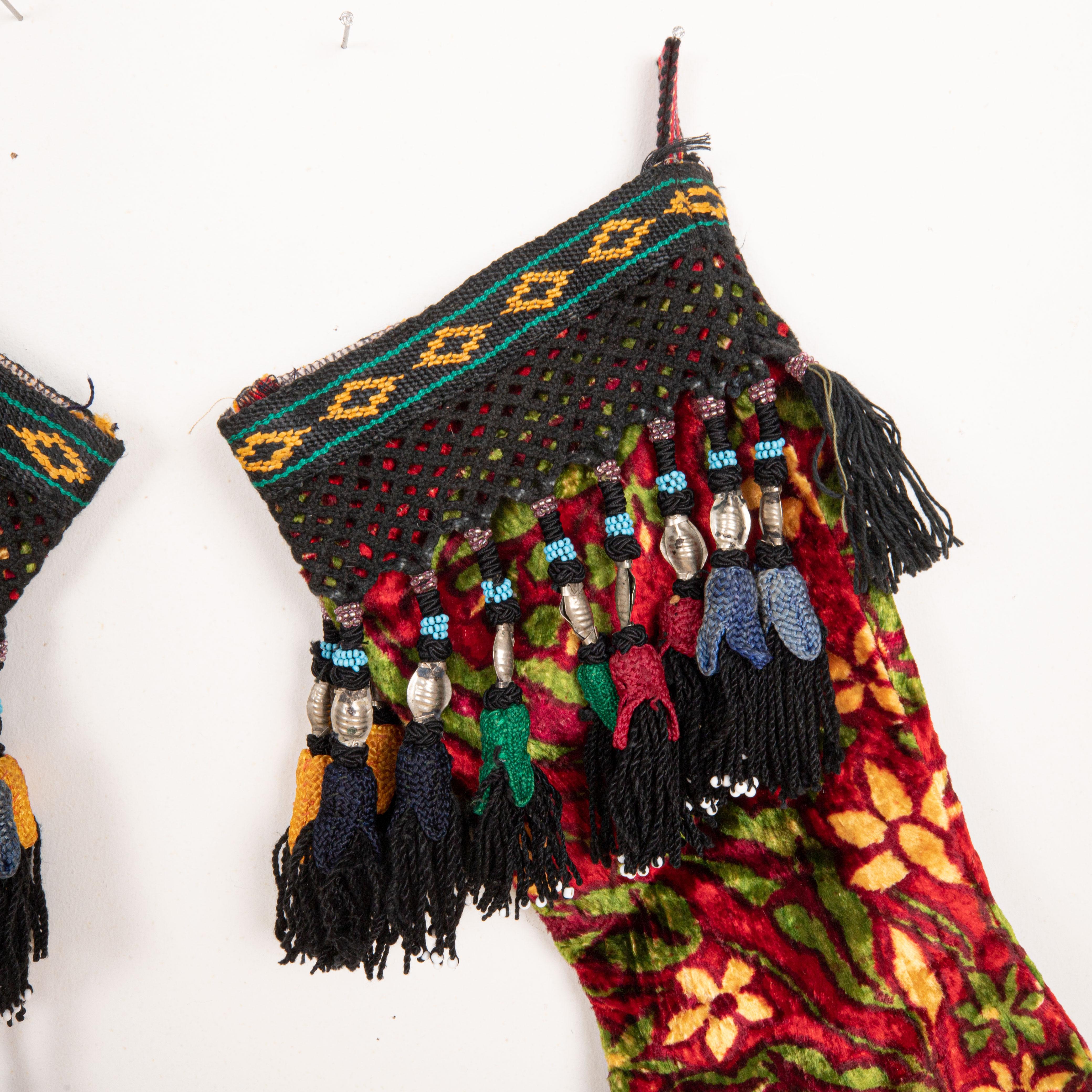 Double Sided Christmas Stockings Made from Vintage Uzbek Velvet Fragments In Good Condition For Sale In Istanbul, TR