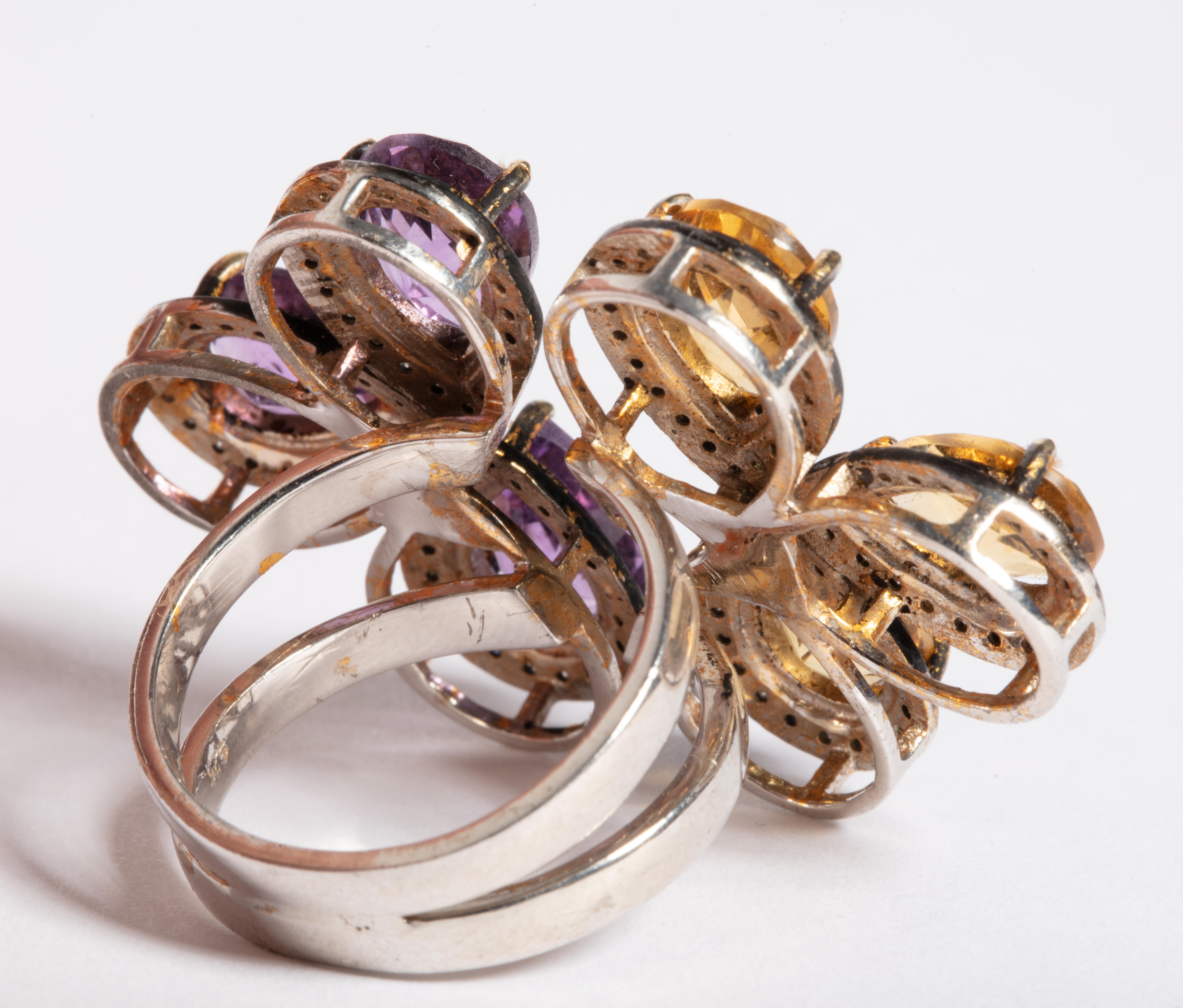 Pear Cut Double-Sided Citrine, Diamond and Amethyst Ring