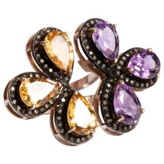Double-Sided Citrine, Diamond and Amethyst Ring