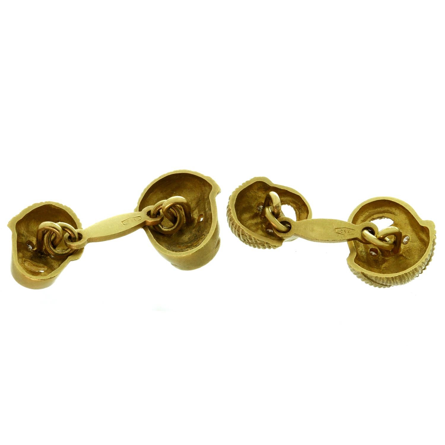 Double-Sided Diamond Yellow Gold Sculpted Greek Comedy Cufflinks In Excellent Condition For Sale In New York, NY