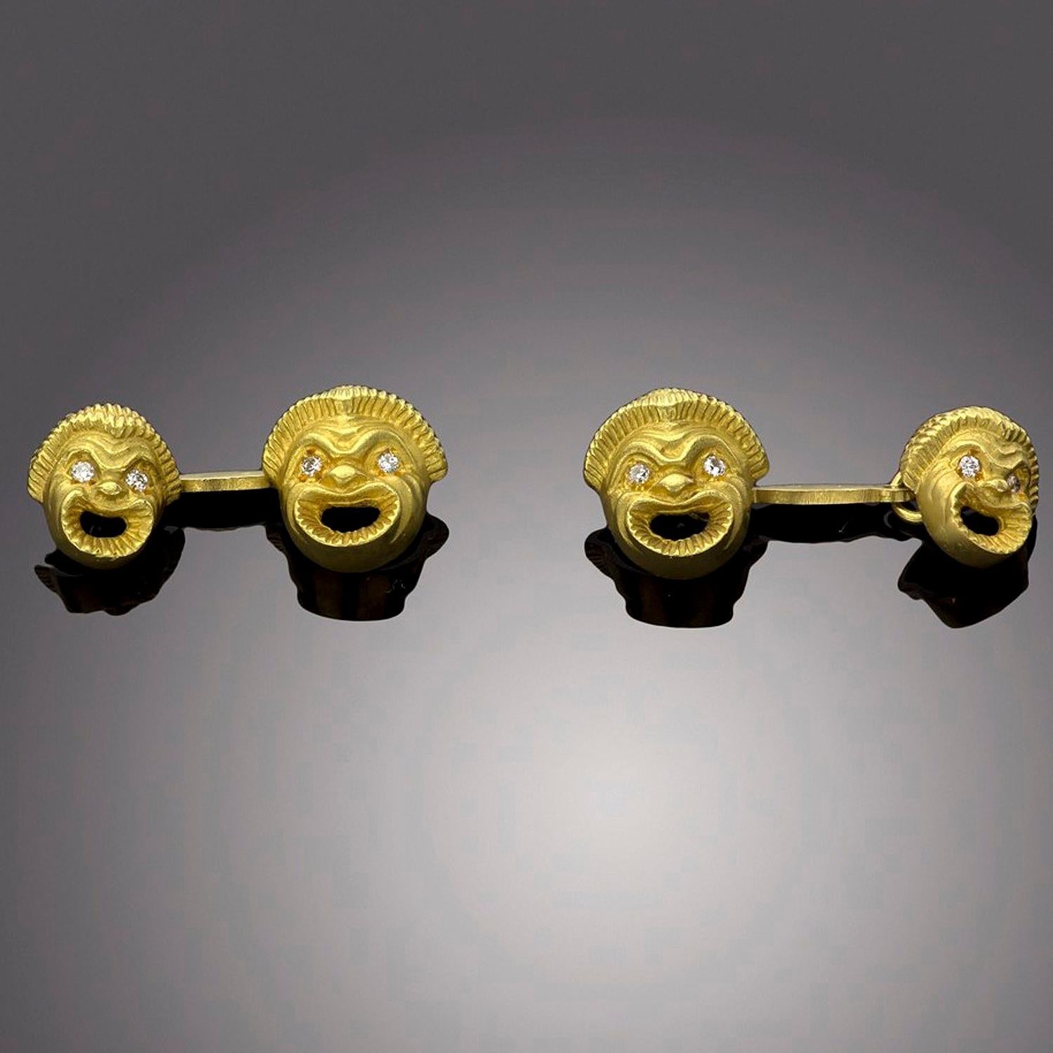 Men's Double-Sided Diamond Yellow Gold Sculpted Greek Comedy Cufflinks For Sale
