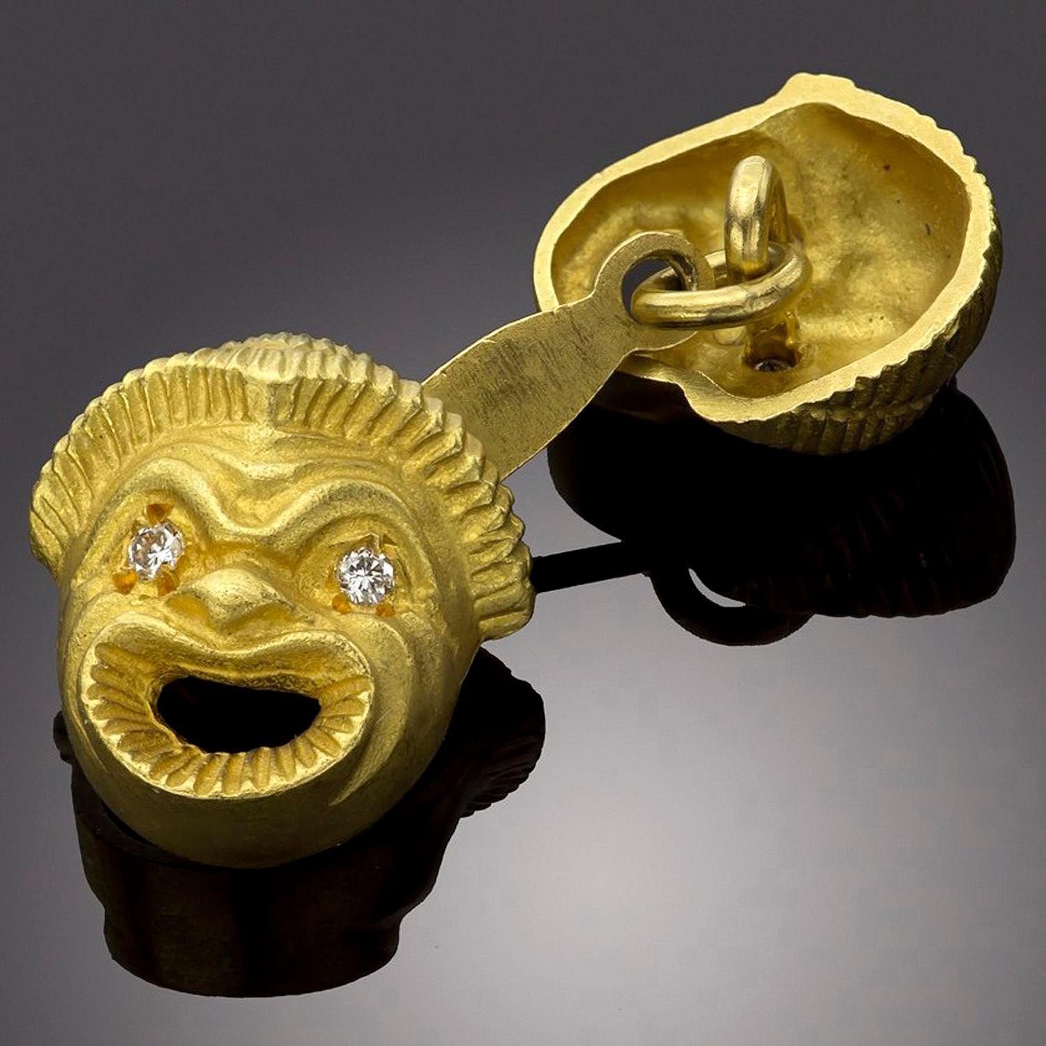 Double-Sided Diamond Yellow Gold Sculpted Greek Comedy Cufflinks For Sale 1