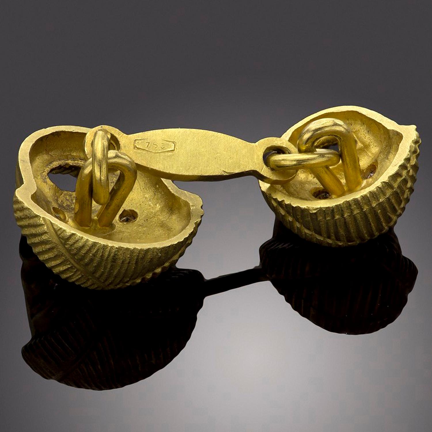 Double-Sided Diamond Yellow Gold Sculpted Greek Comedy Cufflinks For Sale 2