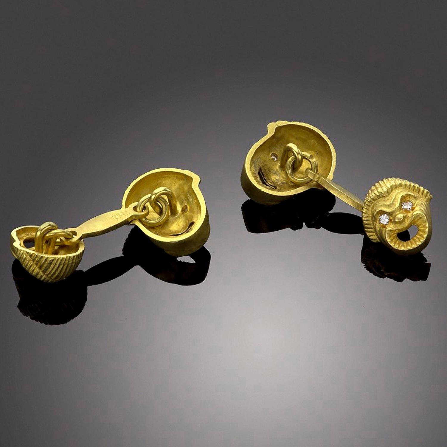 Double-Sided Diamond Yellow Gold Sculpted Greek Comedy Cufflinks For Sale 3