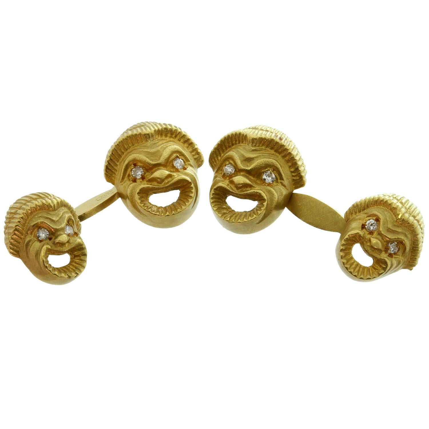 Double-Sided Diamond Yellow Gold Sculpted Greek Comedy Cufflinks For Sale