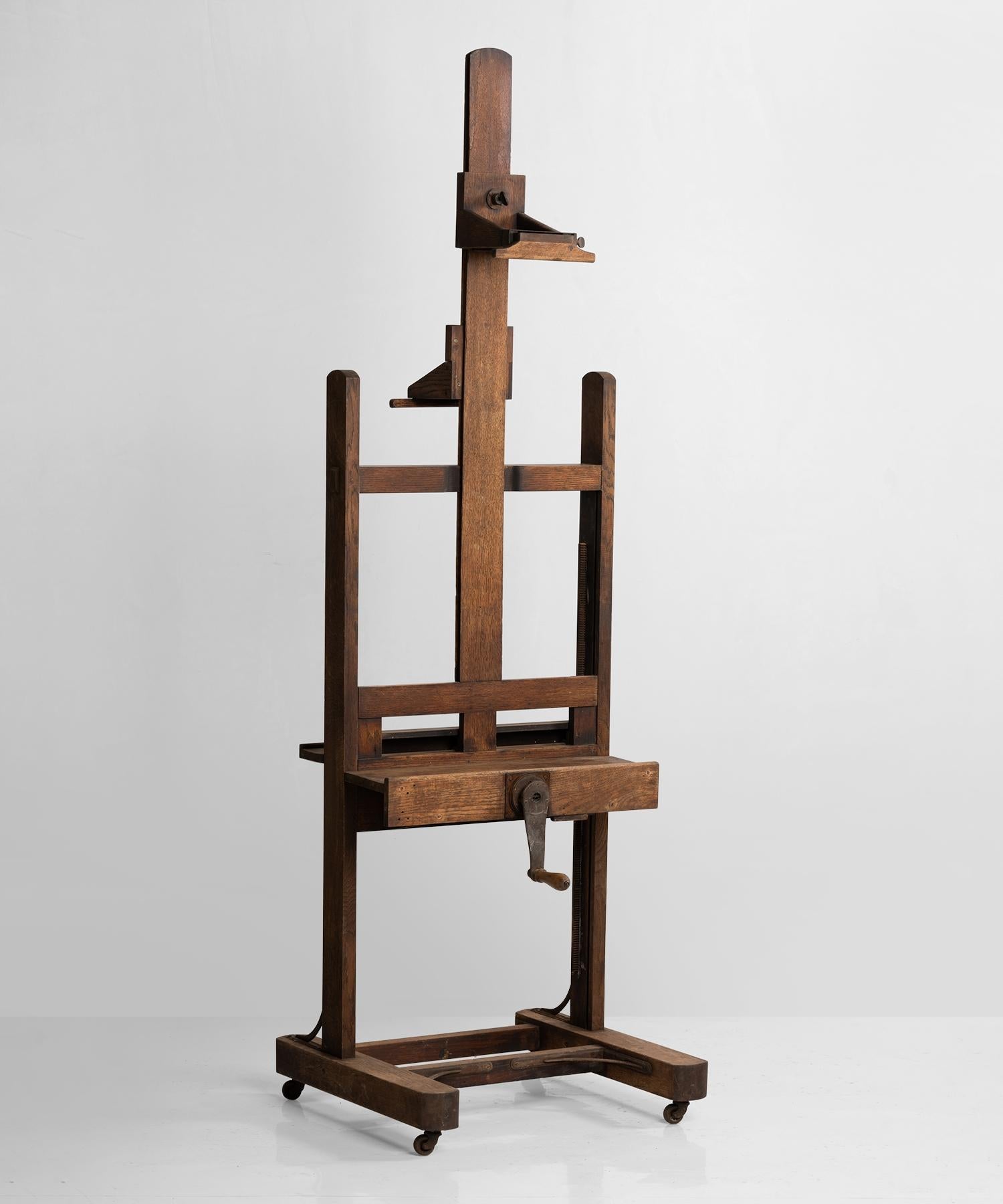 Double sided easel, England, 19th century.

Large artist's easel constructed in oak with iron hardware, in good working condition.