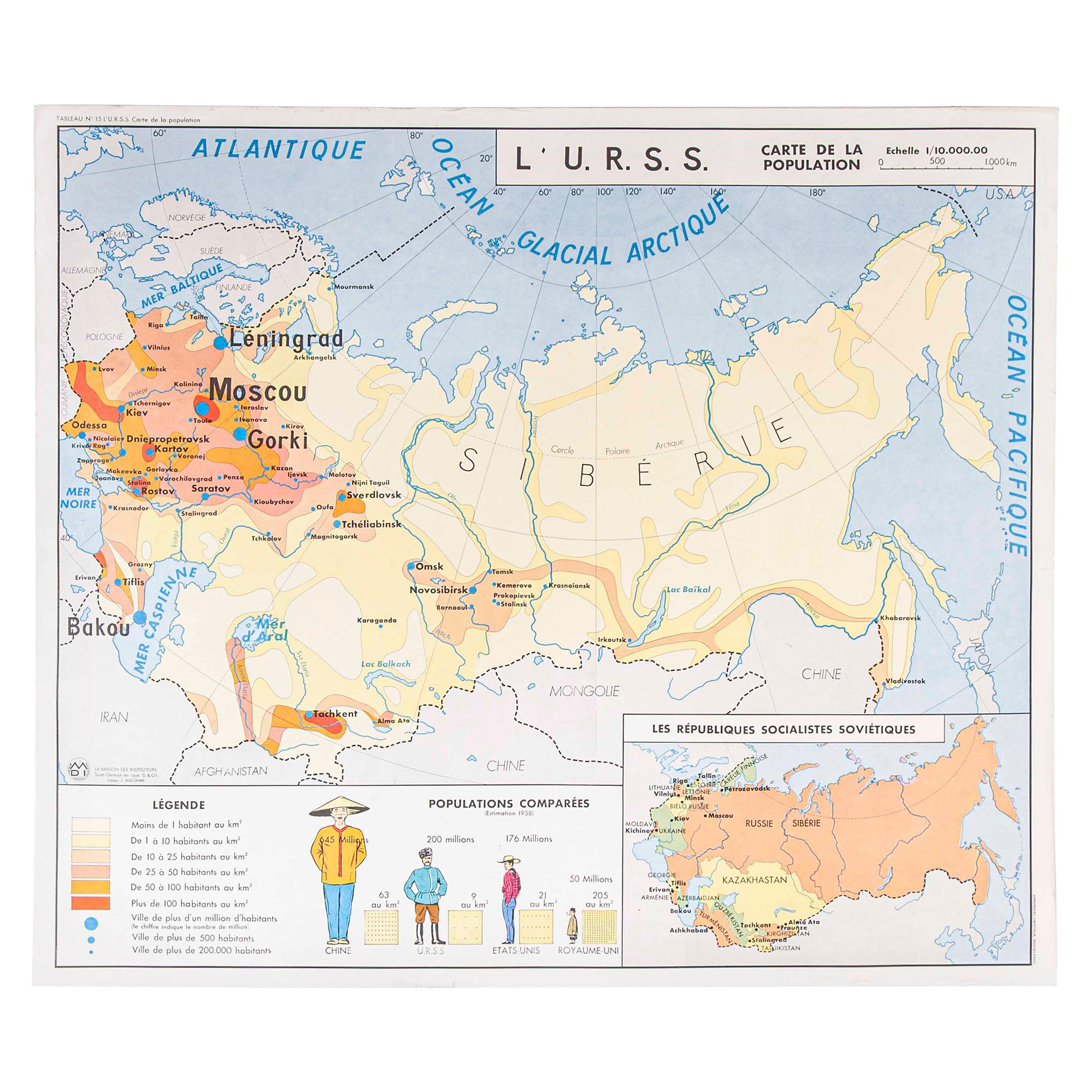 Double Sided Educational School Poster of the Populations of China and USSR