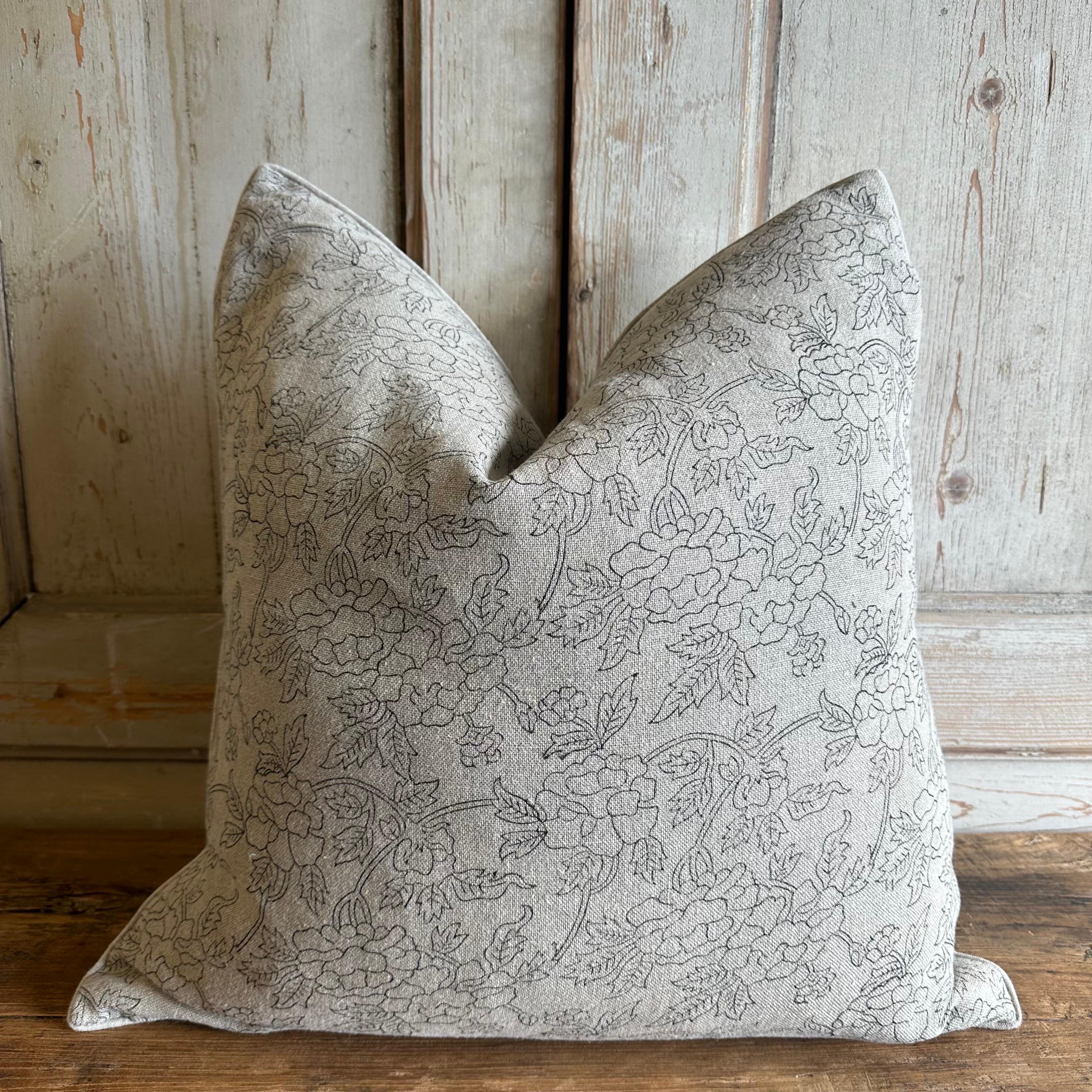 Double Sided Floral Block Marceline Pillow on Natural Linen by Bloom Home In New Condition For Sale In Brea, CA