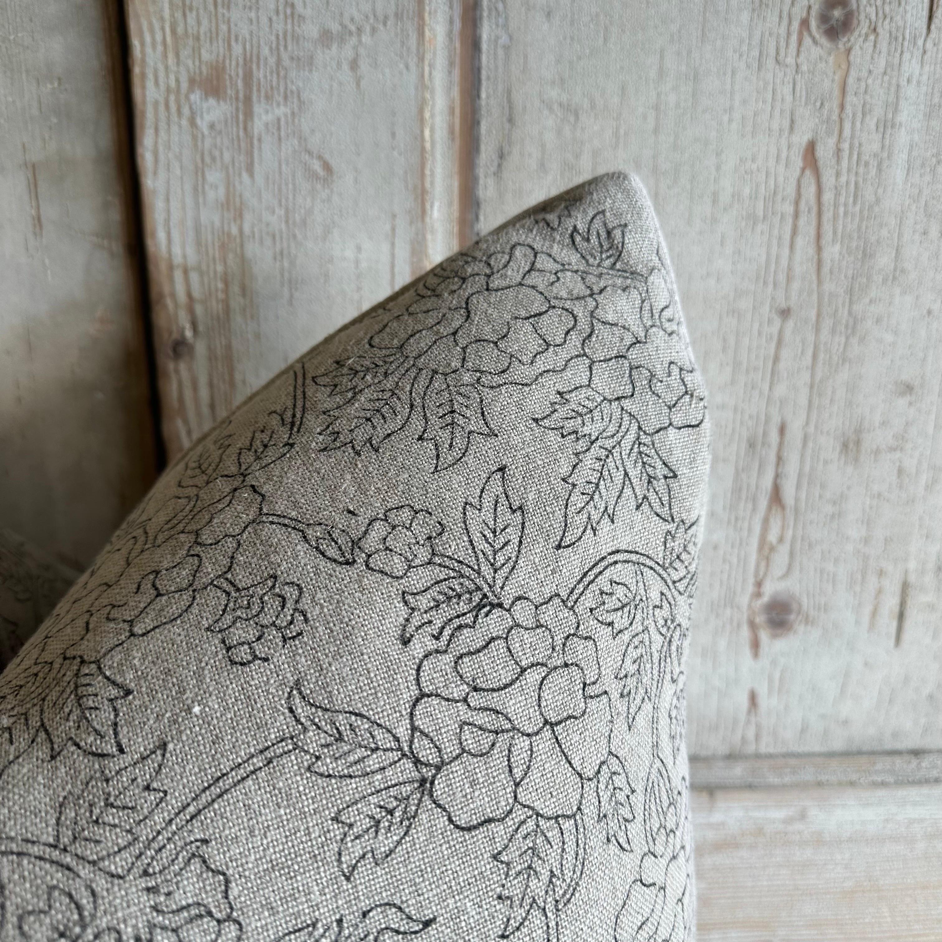 Contemporary Double Sided Floral Block Marceline Pillow on Natural Linen by Bloom Home For Sale