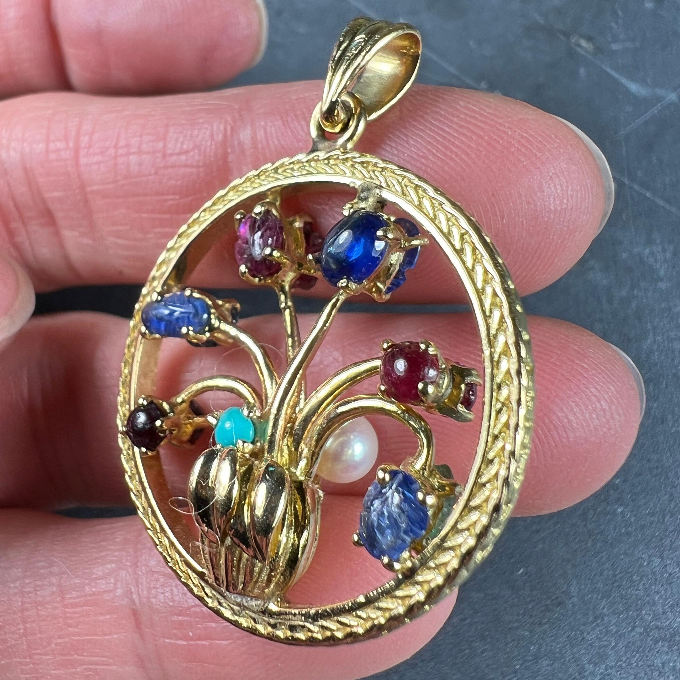 Double Sided Flower Vase 18K Yellow Gold Carved Sapphire Ruby Emerald Pendant For Sale 5