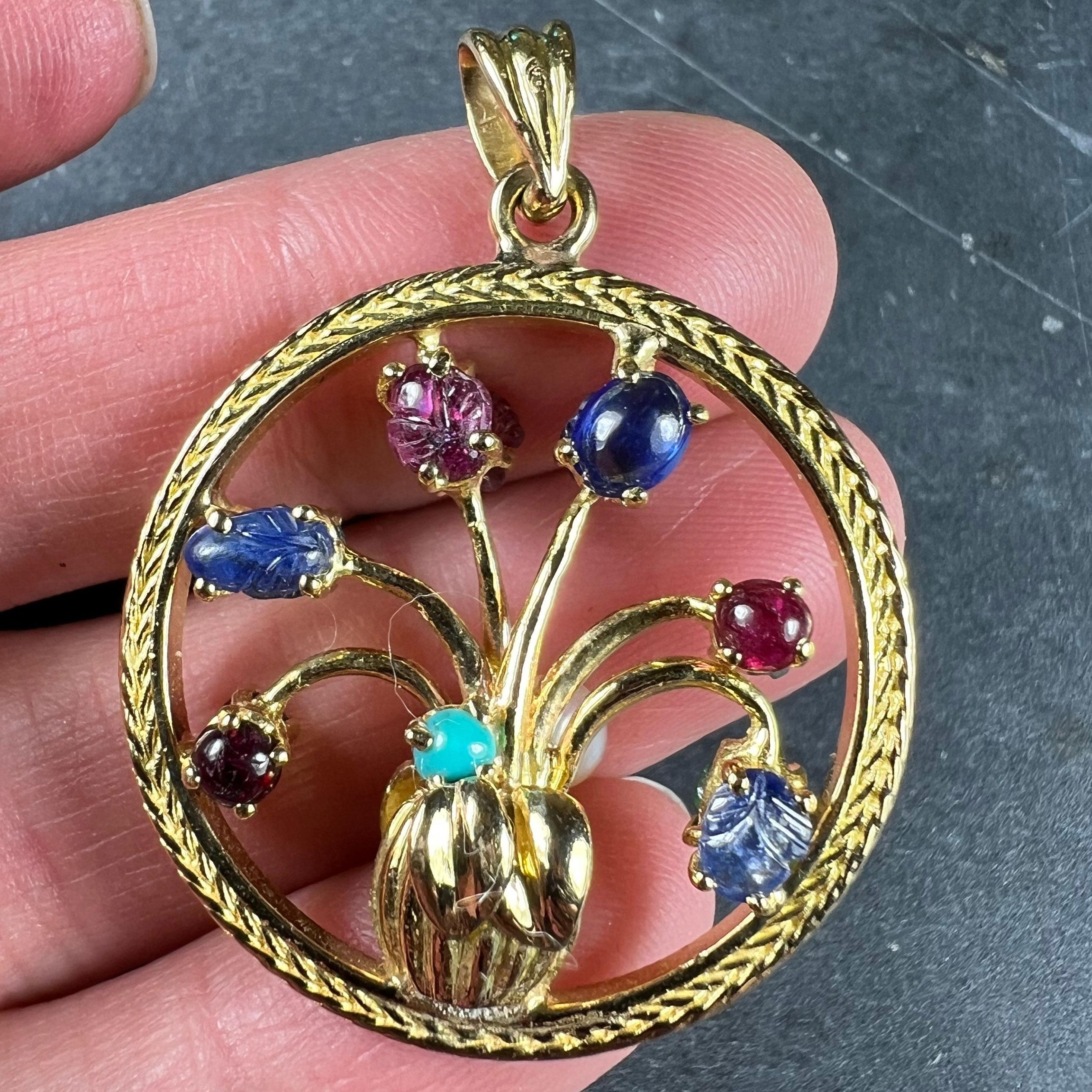 Double Sided Flower Vase 18K Yellow Gold Carved Sapphire Ruby Emerald Pendant For Sale 6