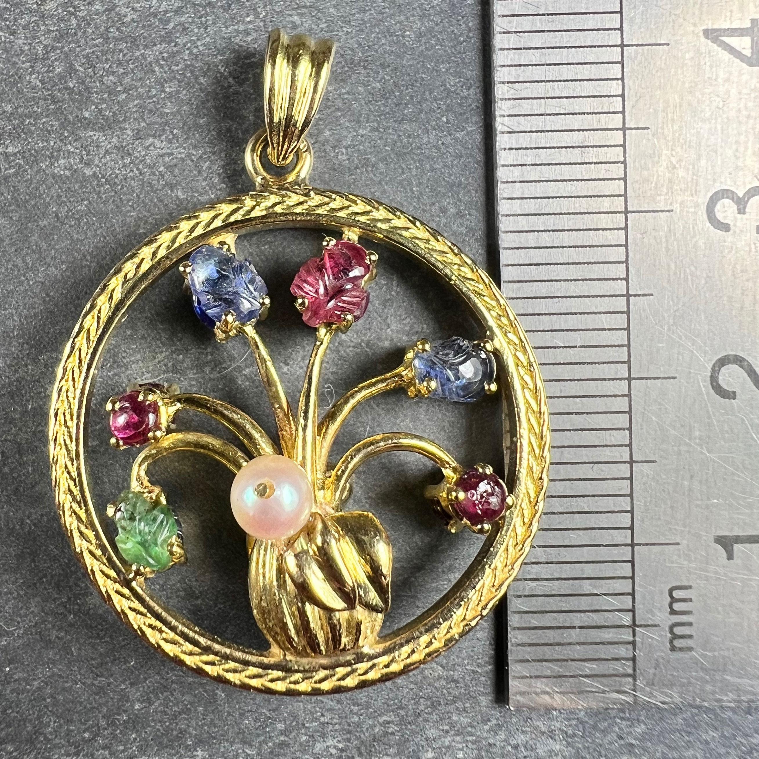 Double Sided Flower Vase 18K Yellow Gold Carved Sapphire Ruby Emerald Pendant For Sale 7