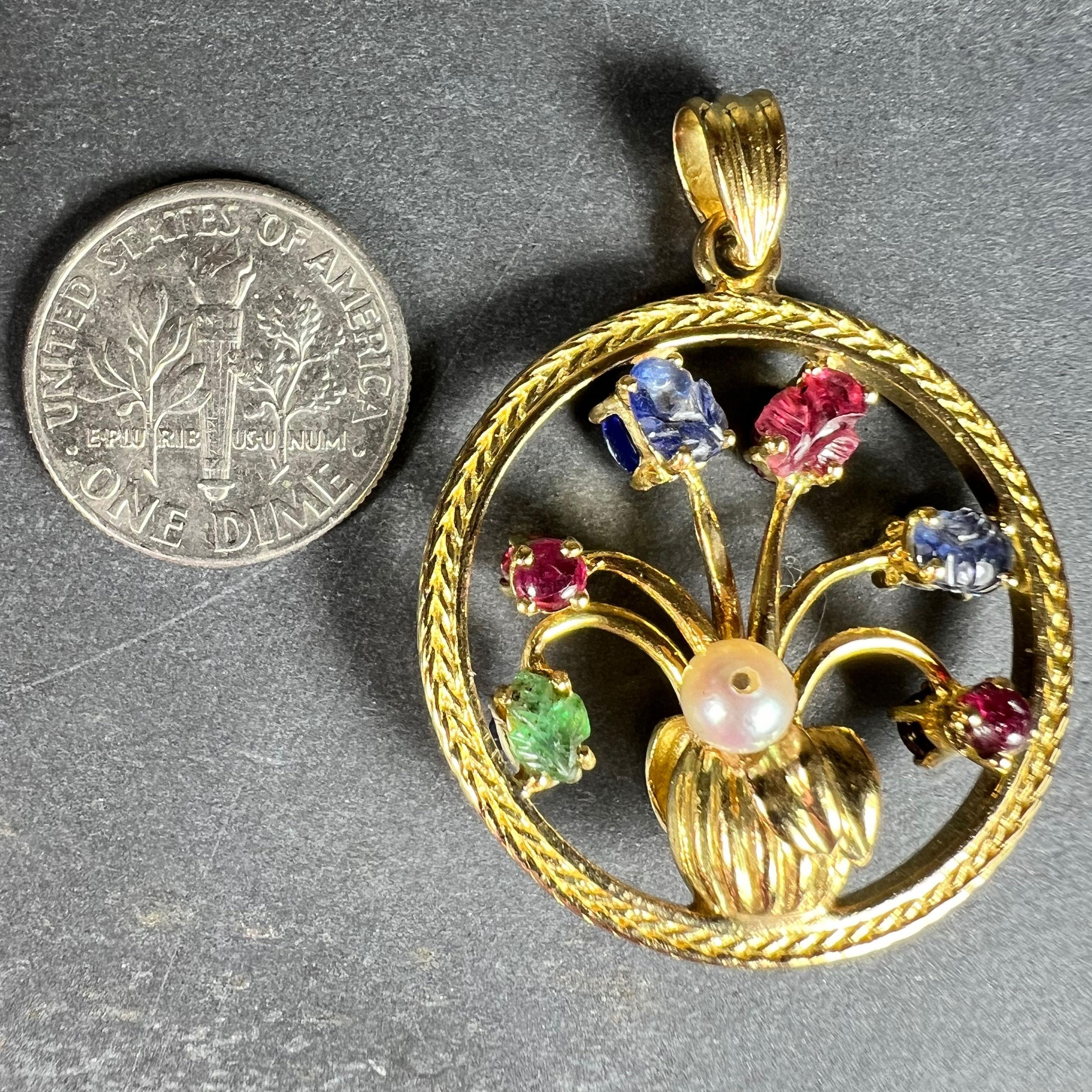 Double Sided Flower Vase 18K Yellow Gold Carved Sapphire Ruby Emerald Pendant For Sale 8