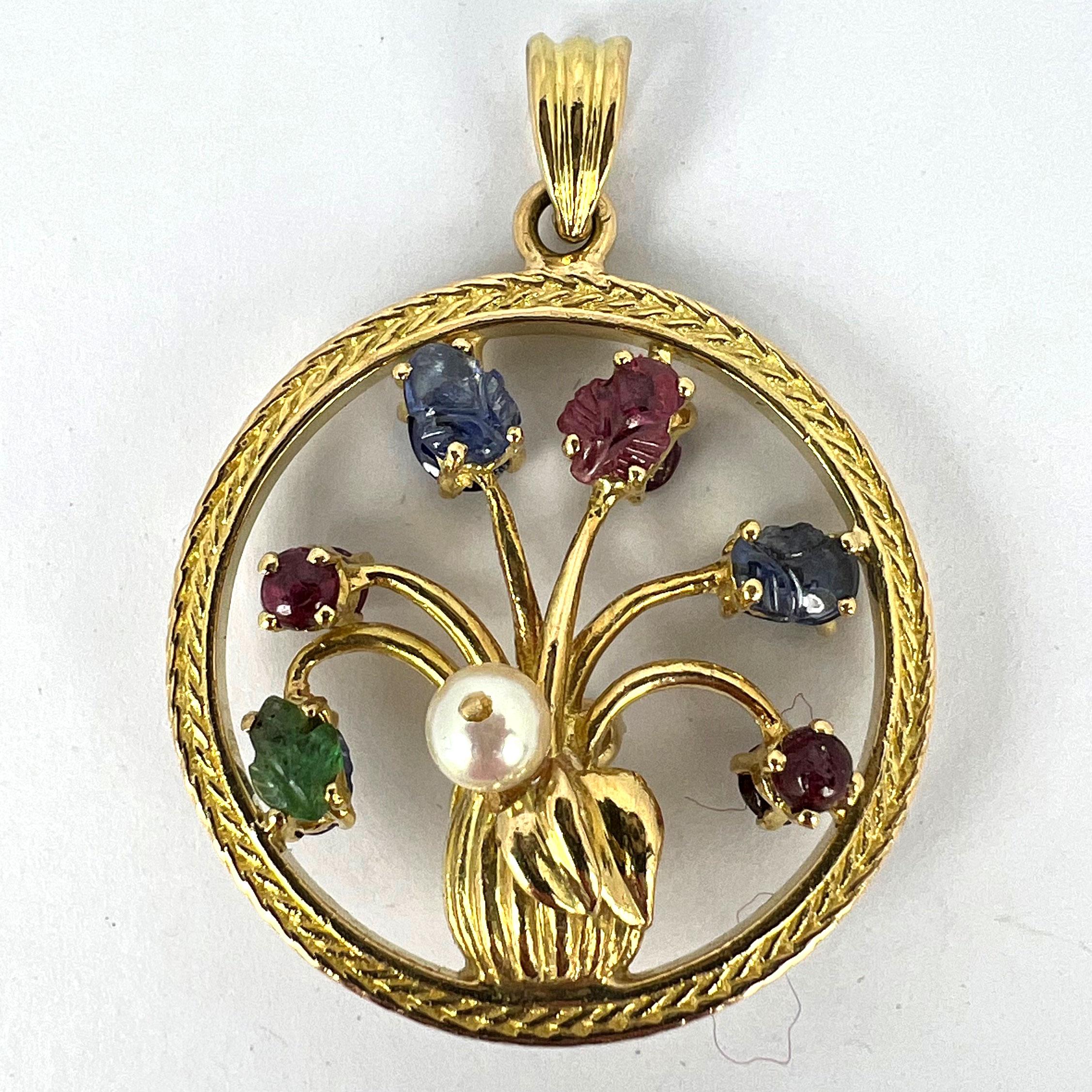 Double Sided Flower Vase 18K Yellow Gold Carved Sapphire Ruby Emerald Pendant For Sale 9