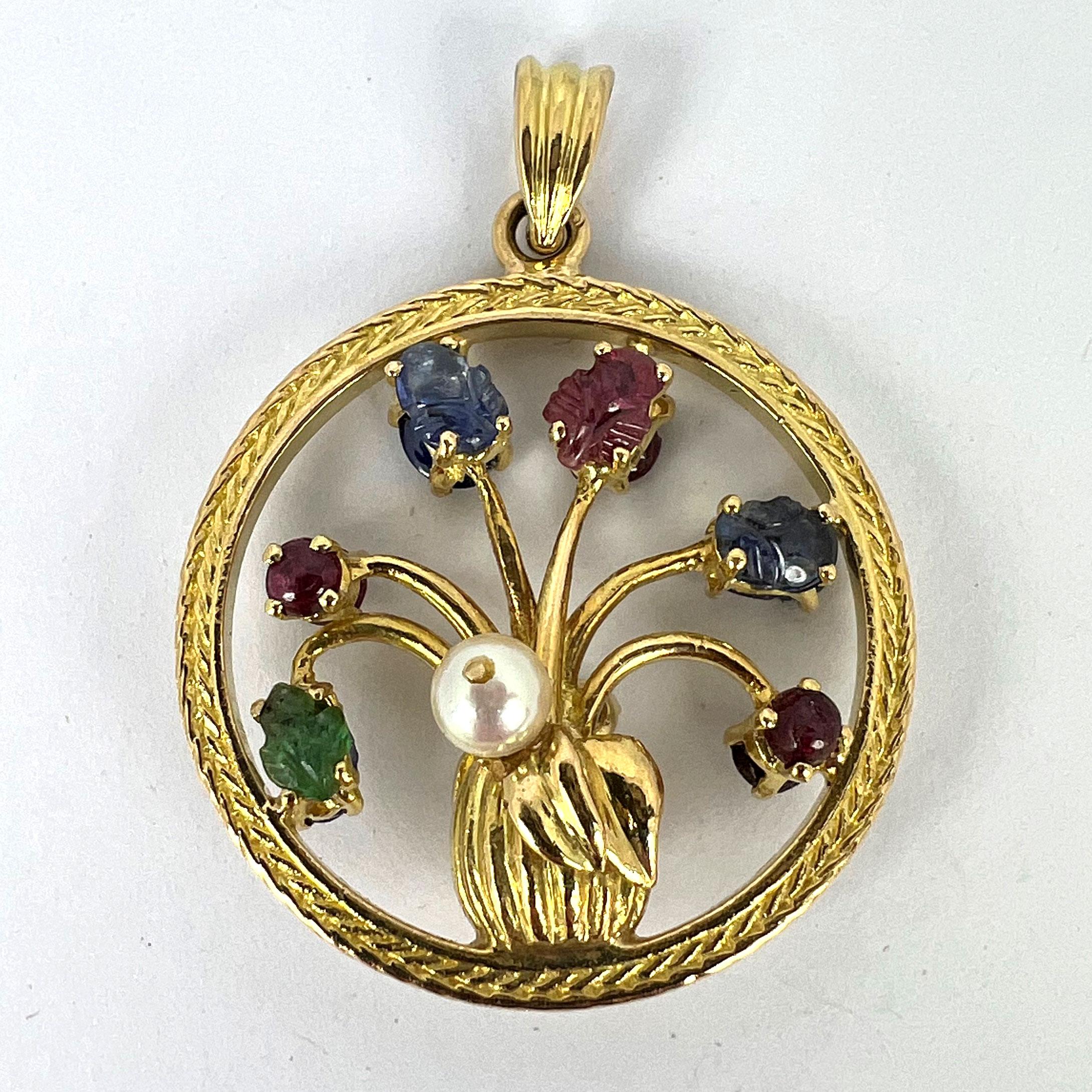 Double Sided Flower Vase 18K Yellow Gold Carved Sapphire Ruby Emerald Pendant For Sale 11