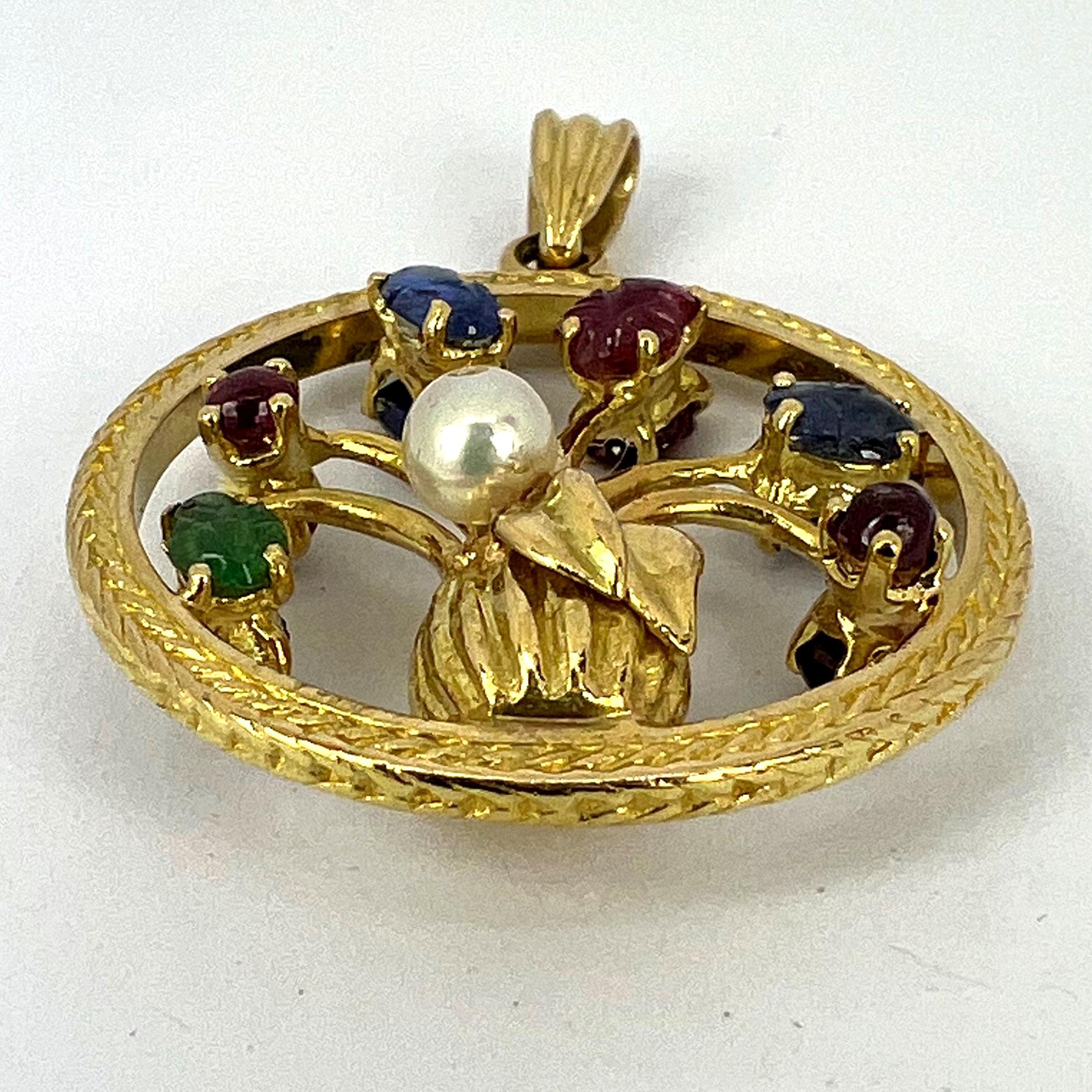 Double Sided Flower Vase 18K Yellow Gold Carved Sapphire Ruby Emerald Pendant For Sale 13