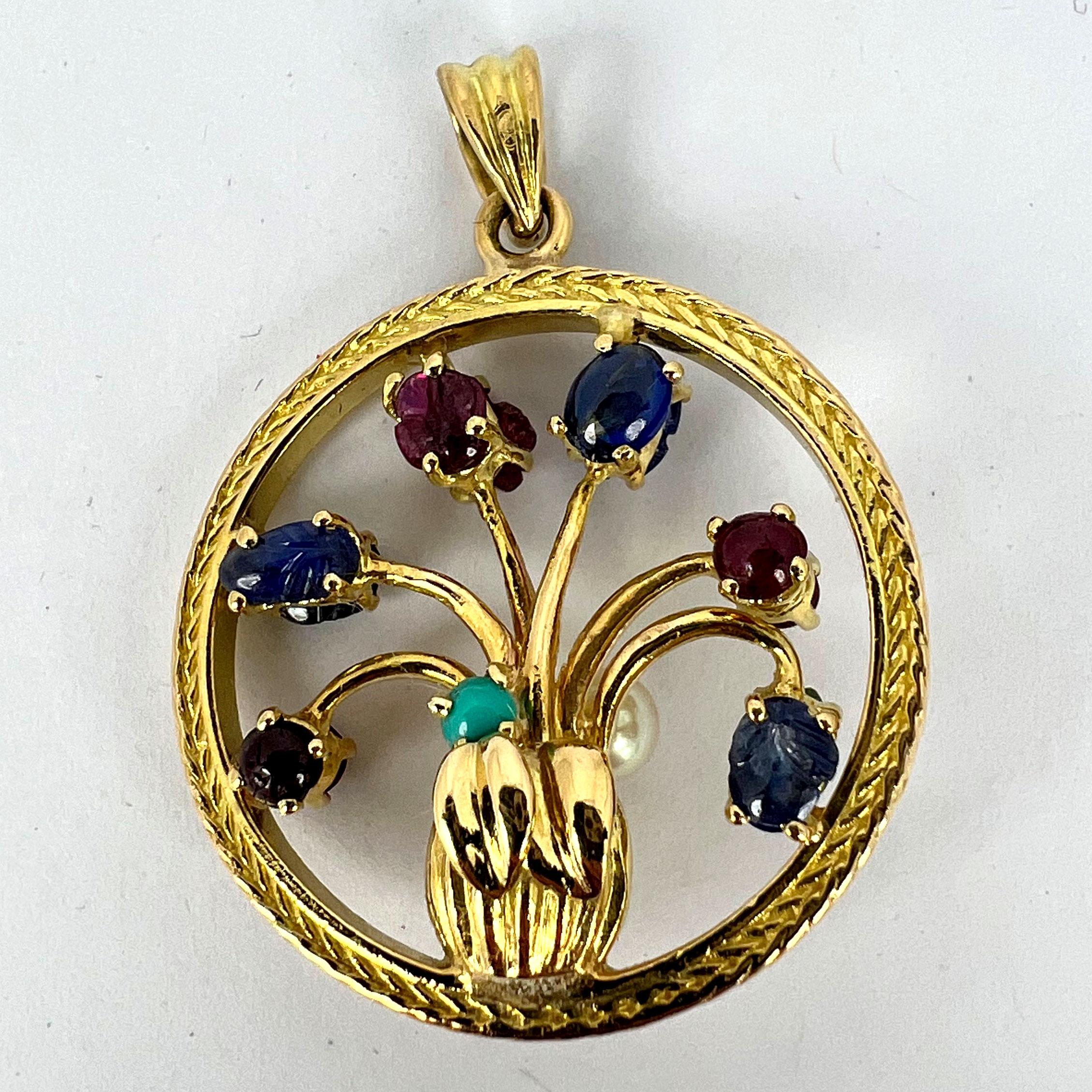 Double Sided Flower Vase 18K Yellow Gold Carved Sapphire Ruby Emerald Pendant For Sale 15