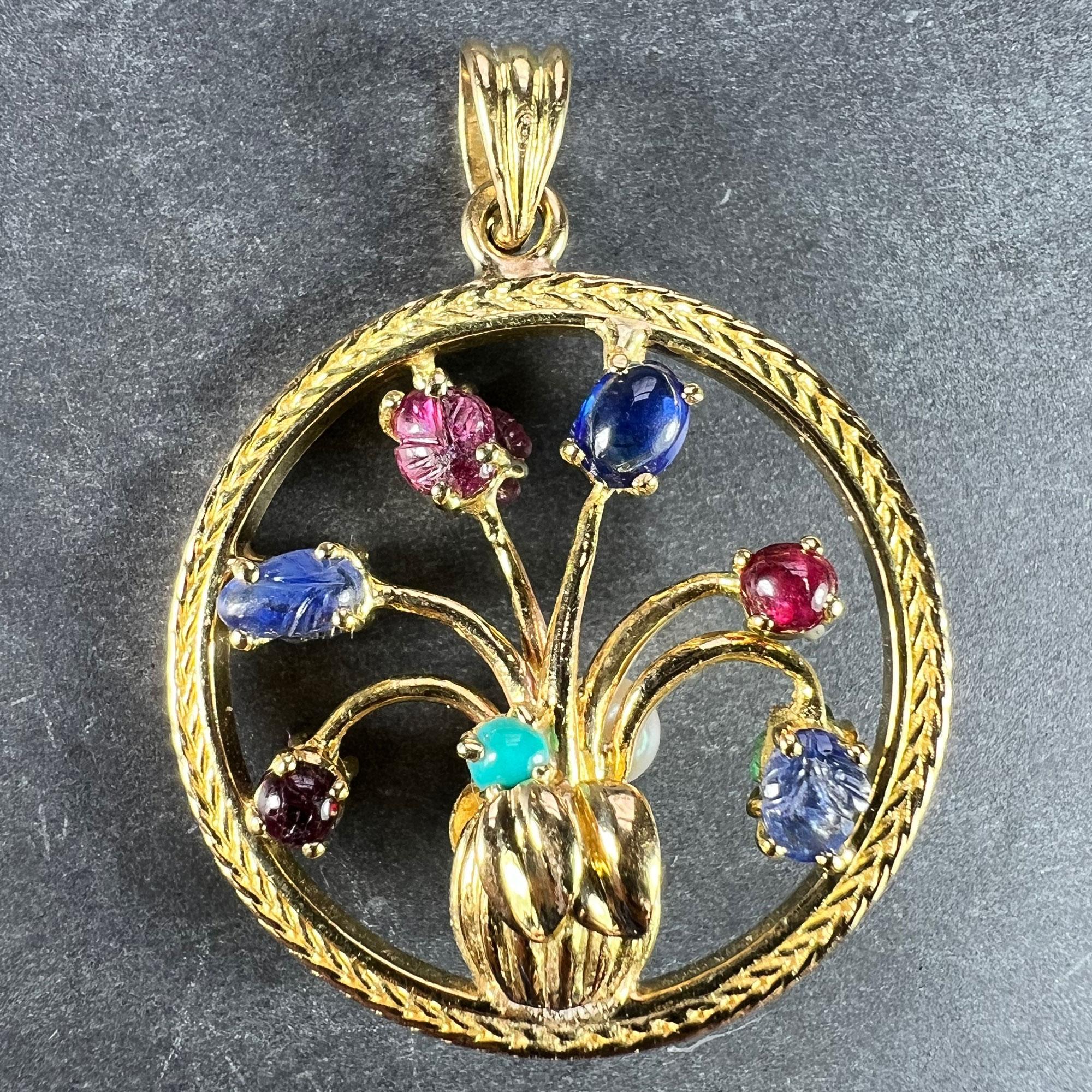 Cabochon Double Sided Flower Vase 18K Yellow Gold Carved Sapphire Ruby Emerald Pendant For Sale