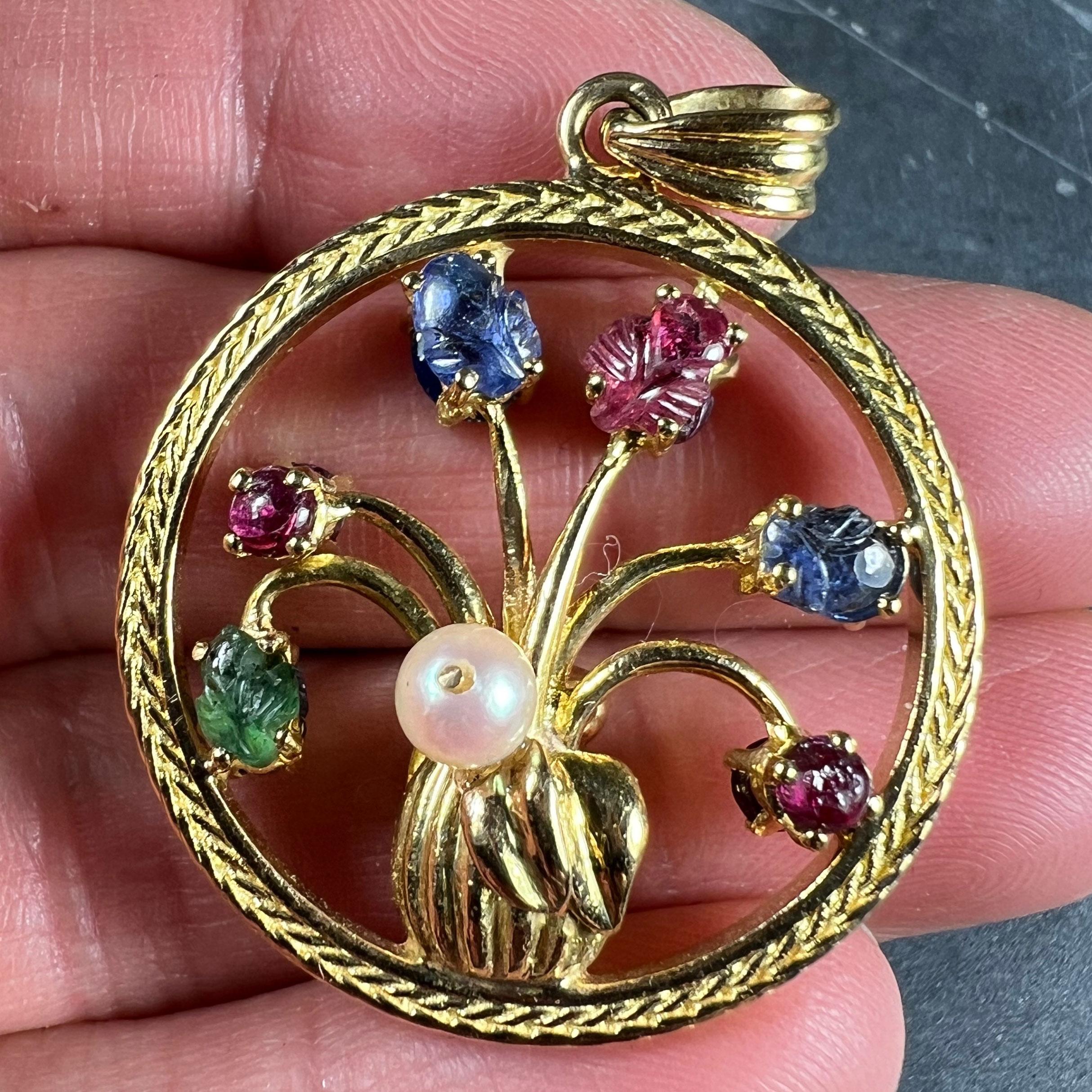 Double Sided Flower Vase 18K Yellow Gold Carved Sapphire Ruby Emerald Pendant For Sale 1