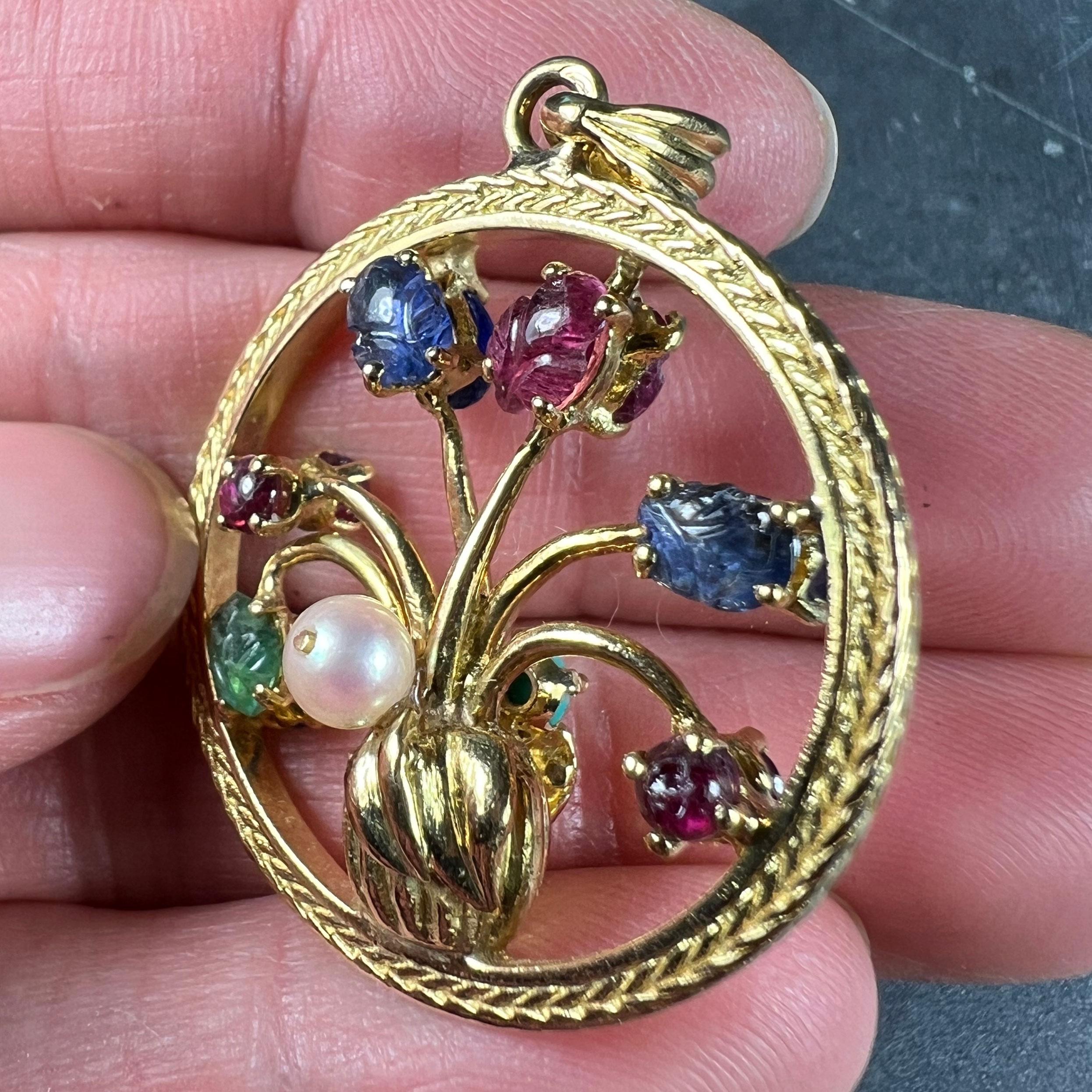 Double Sided Flower Vase 18K Yellow Gold Carved Sapphire Ruby Emerald Pendant For Sale 2