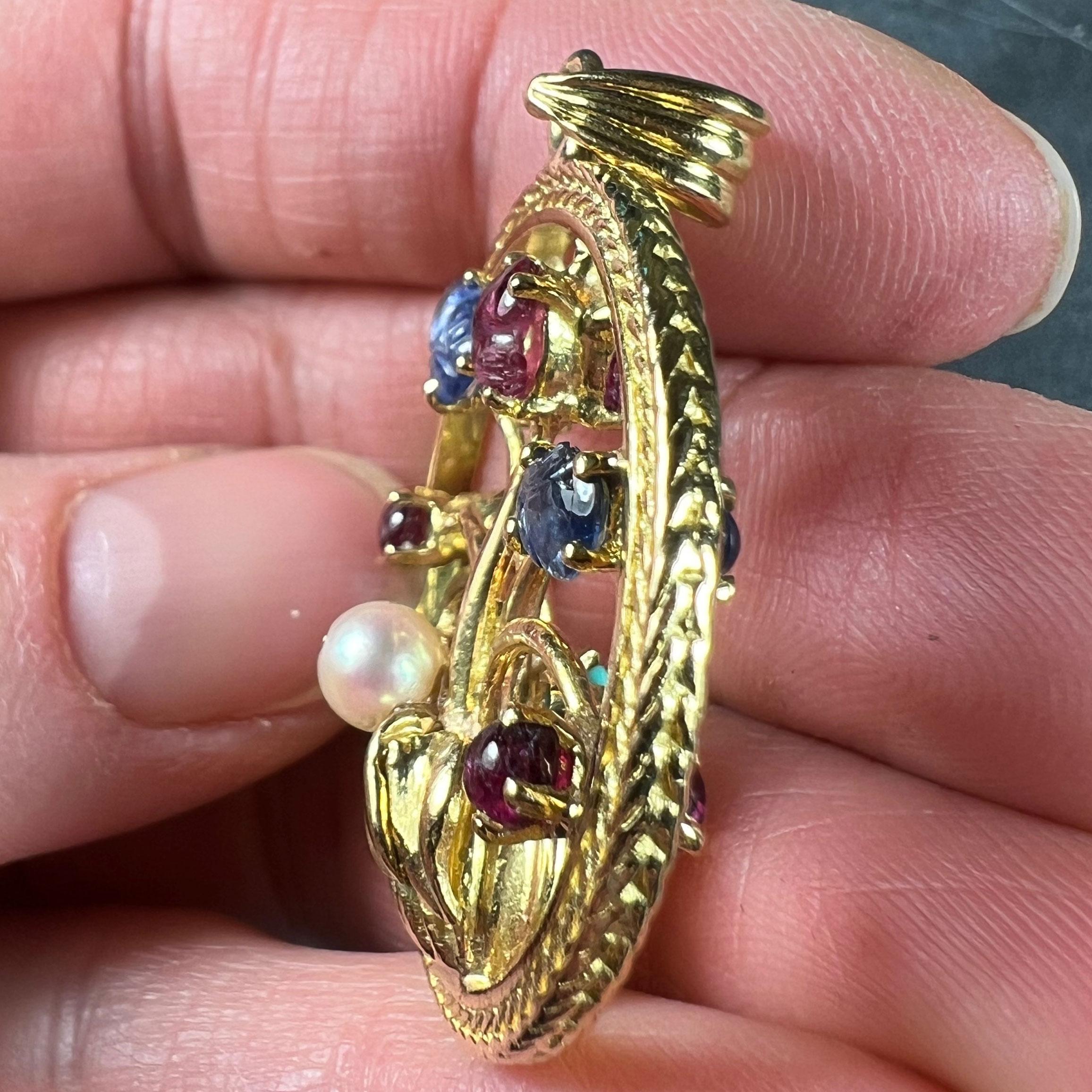 Double Sided Flower Vase 18K Yellow Gold Carved Sapphire Ruby Emerald Pendant For Sale 3