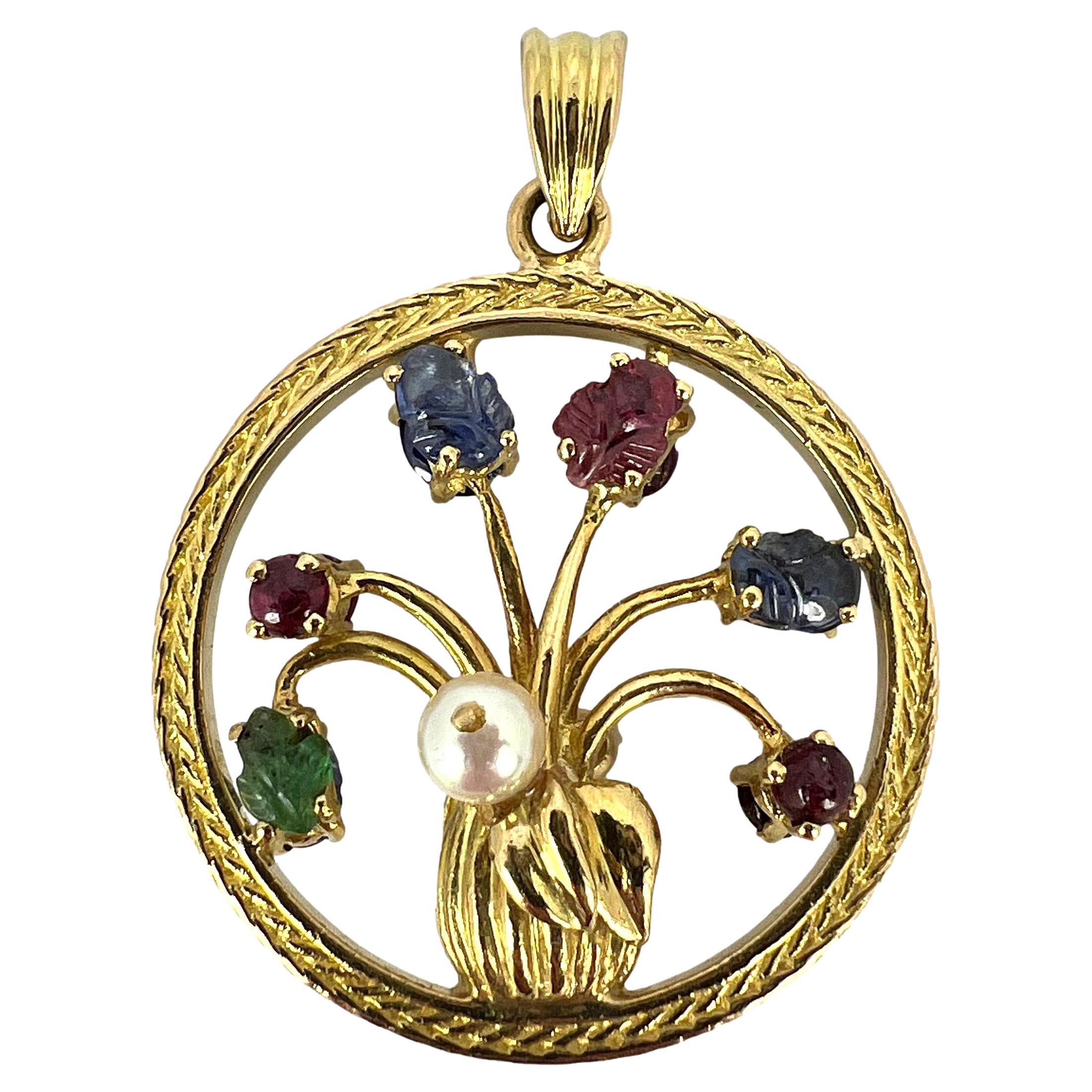 Double Sided Flower Vase 18K Yellow Gold Carved Sapphire Ruby Emerald Pendant For Sale