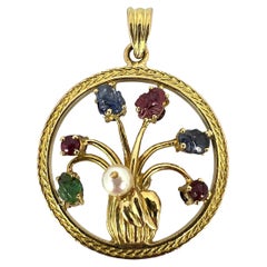 Vintage Double Sided Flower Vase 18K Yellow Gold Carved Sapphire Ruby Emerald Pendant