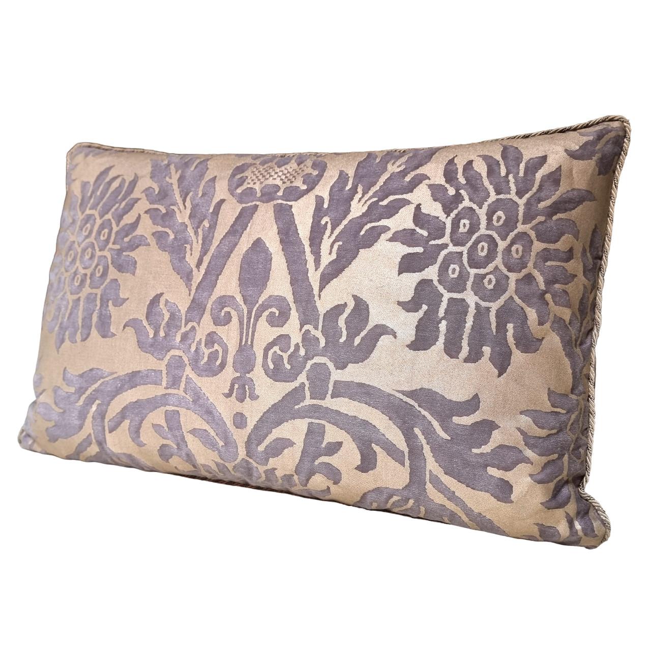 Italian Double Sided Fortuny Fabric Pillow Grey, Black & Silvery Gold Barberini Pattern For Sale