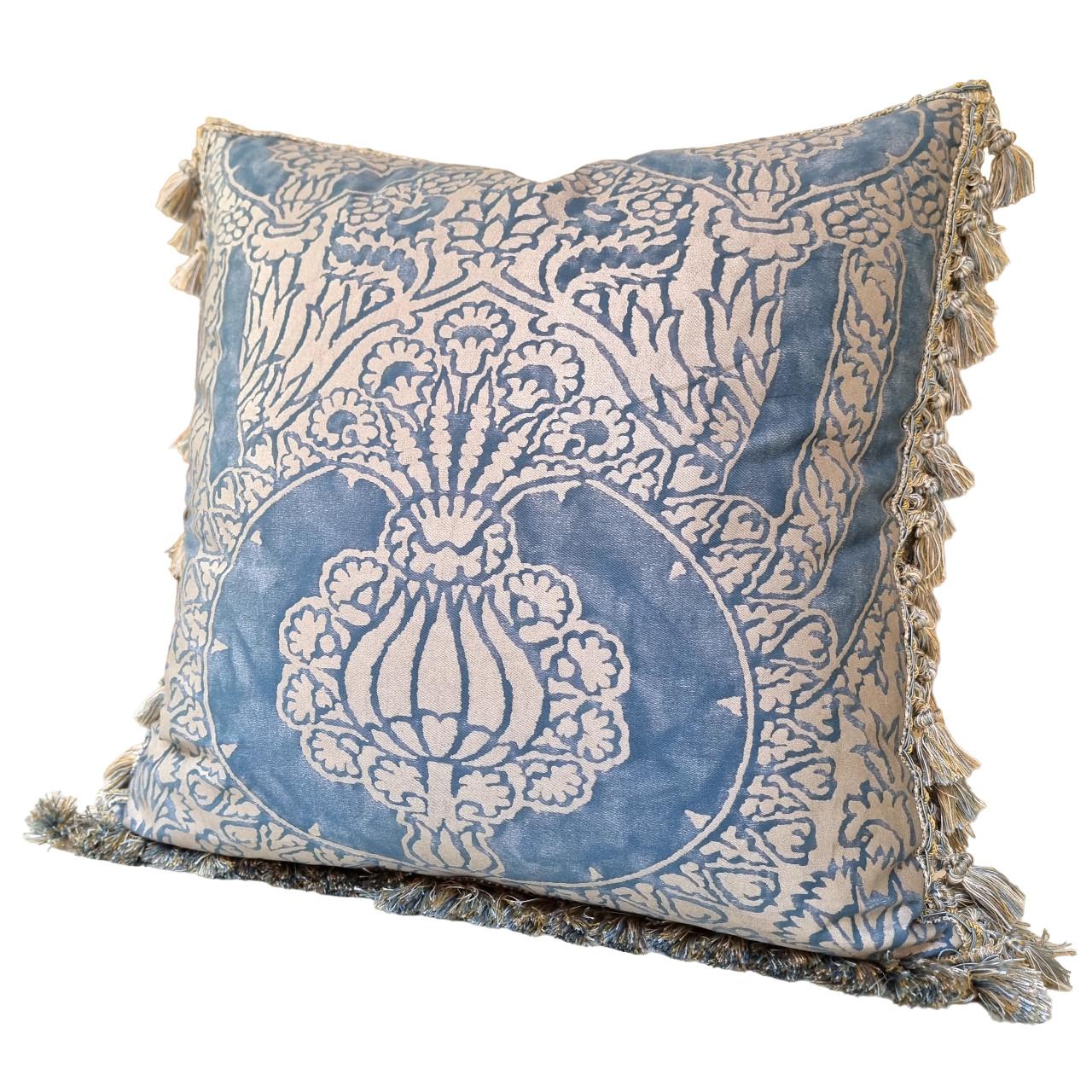 Hand-Crafted Double Sided Fortuny Fabric Pillow Tassel Trim Blue Silvery Gold Nicolo Pattern For Sale