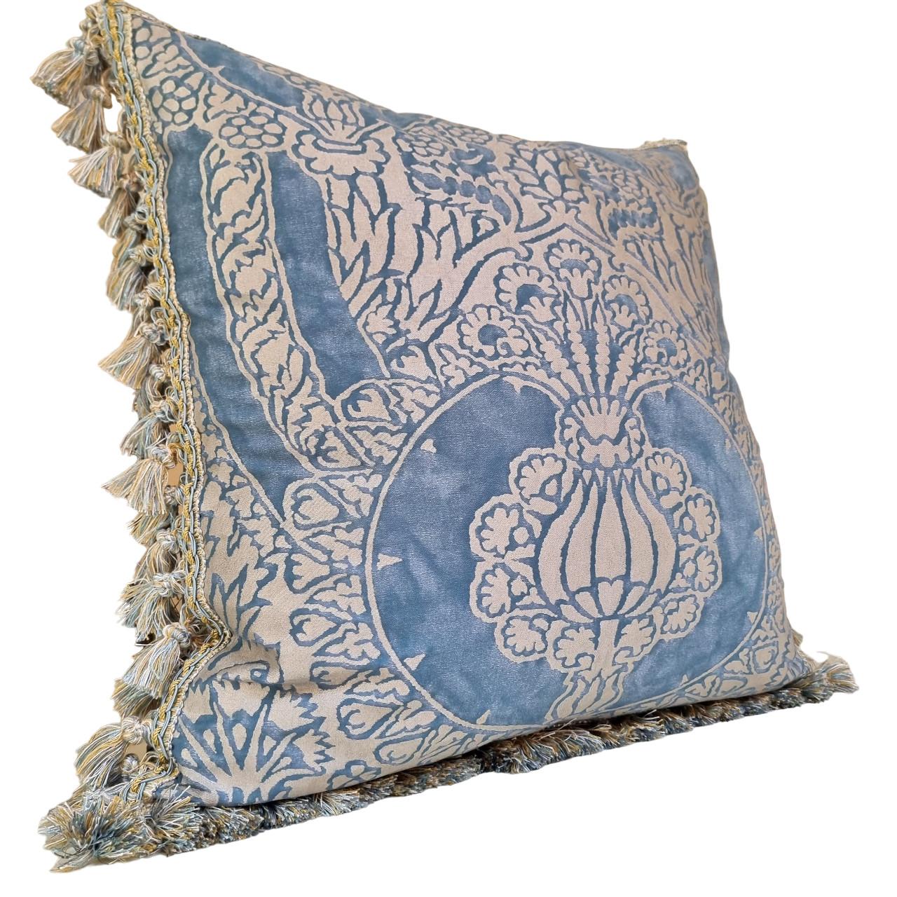 Double Sided Fortuny Fabric Pillow Tassel Trim Blue Silvery Gold Nicolo Pattern For Sale 1