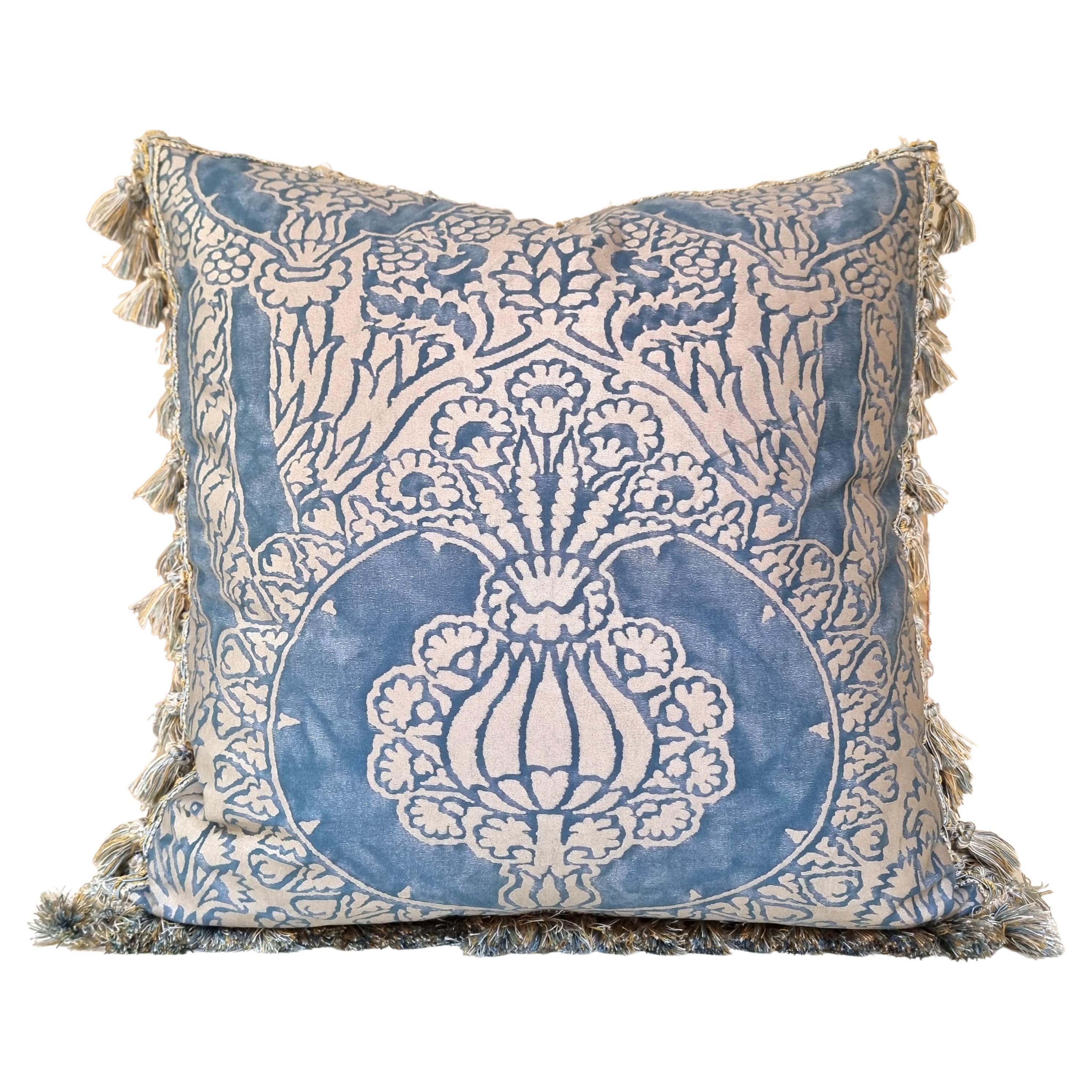 Double Sided Fortuny Fabric Pillow Tassel Trim Blue Silvery Gold Nicolo Pattern