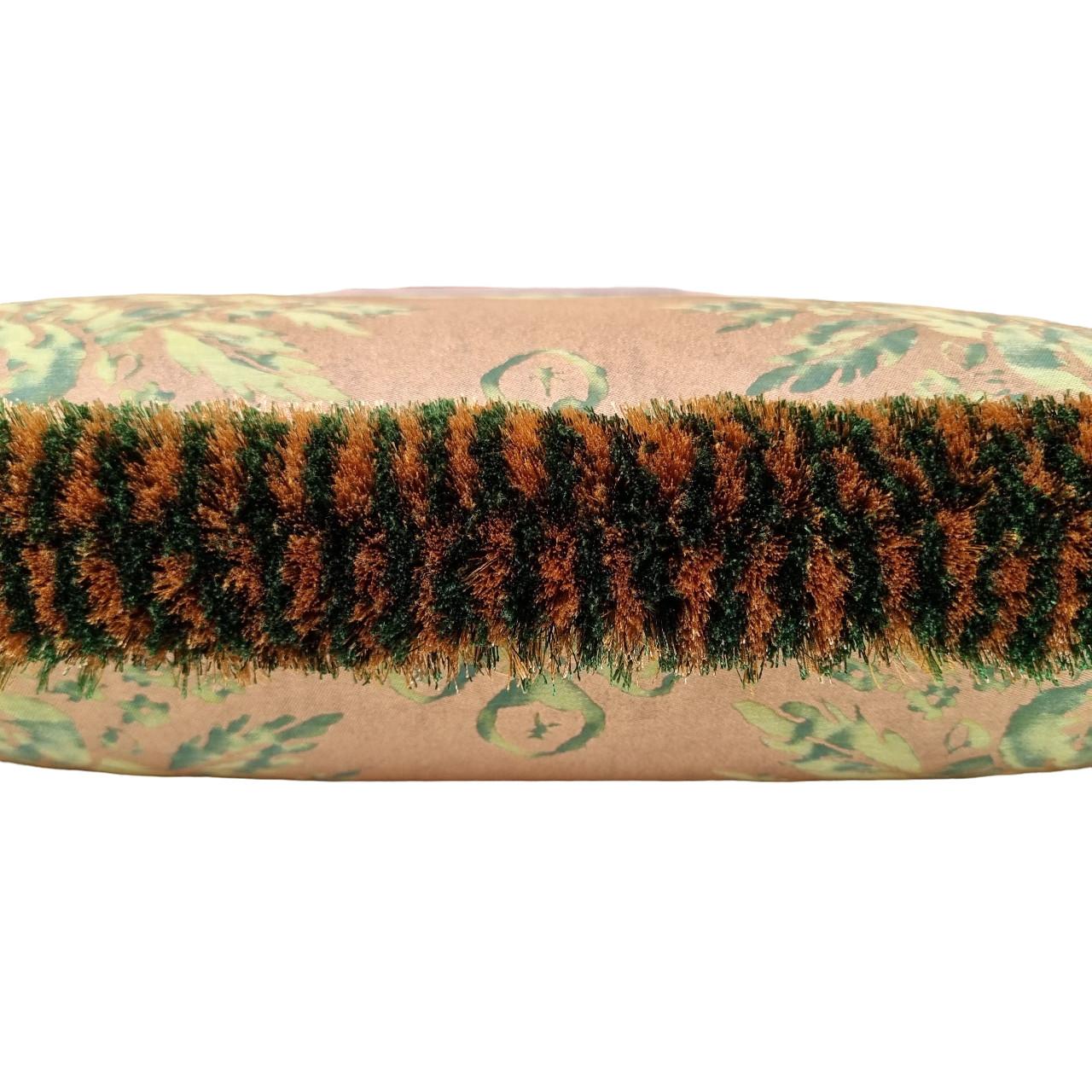 Italian Double Sided Fortuny Fabric Pillow with Brush Fringe Green Gold Olimpia Pattern For Sale