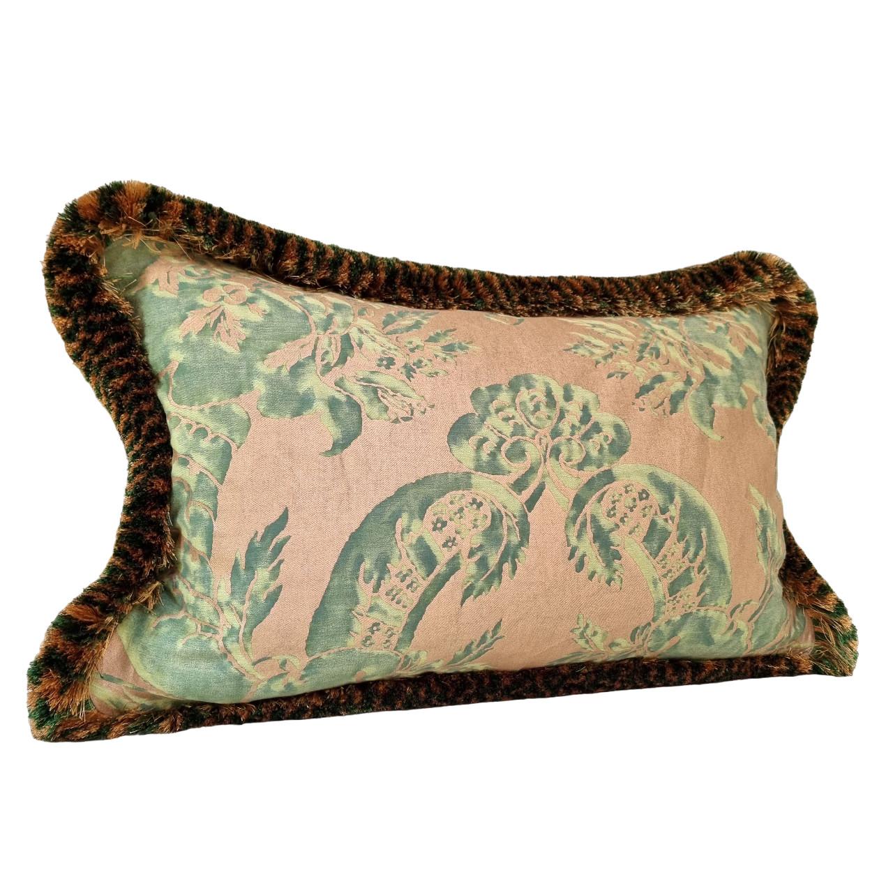 Double Sided Fortuny Fabric Pillow with Brush Fringe Green Gold Olimpia Pattern In New Condition In Venezia, IT
