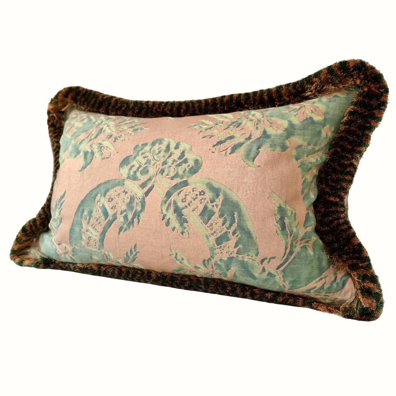 Contemporary Double Sided Fortuny Fabric Pillow with Brush Fringe Green Gold Olimpia Pattern For Sale