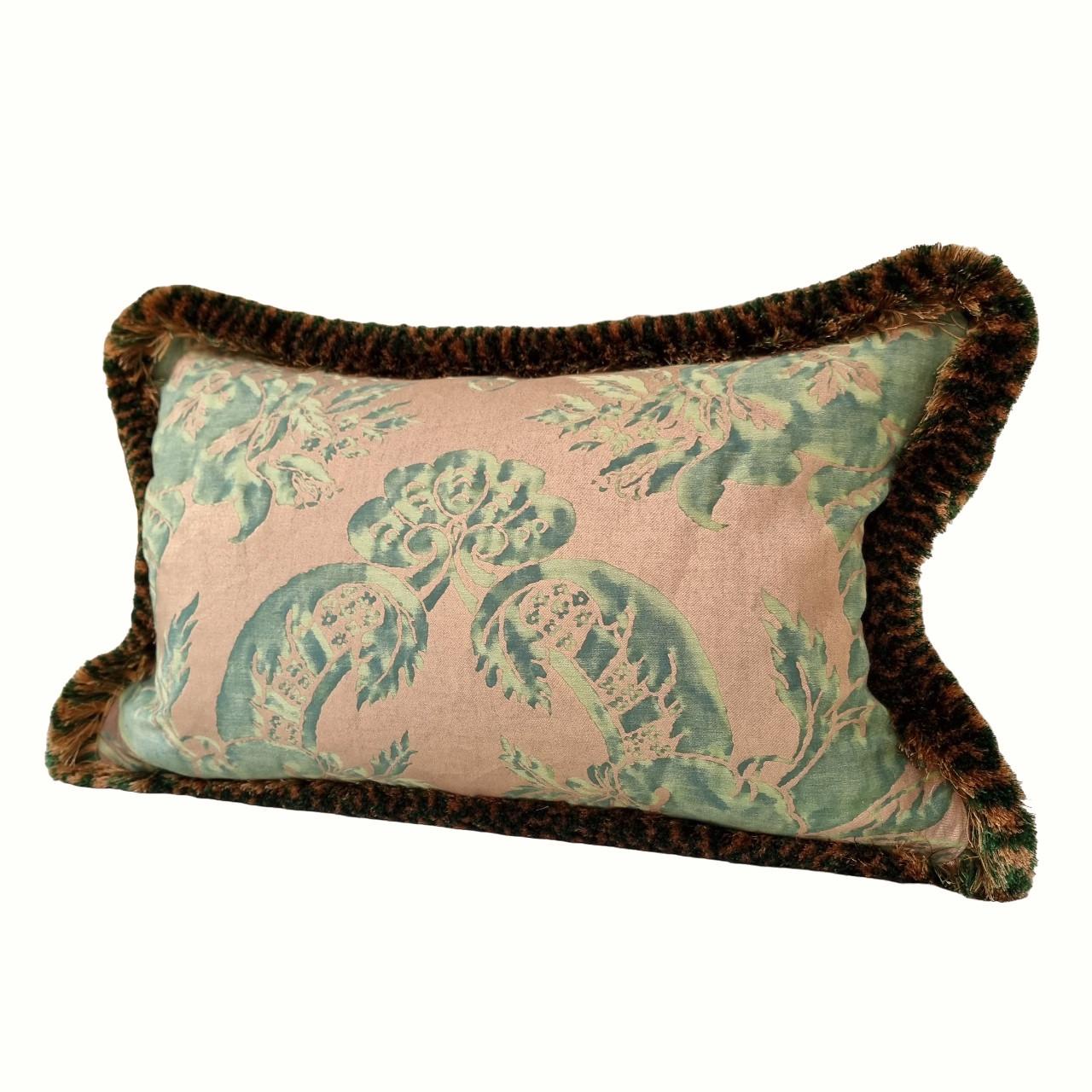 Hand-Crafted Double Sided Fortuny Fabric Pillow with Brush Fringe Green Gold Olimpia Pattern For Sale