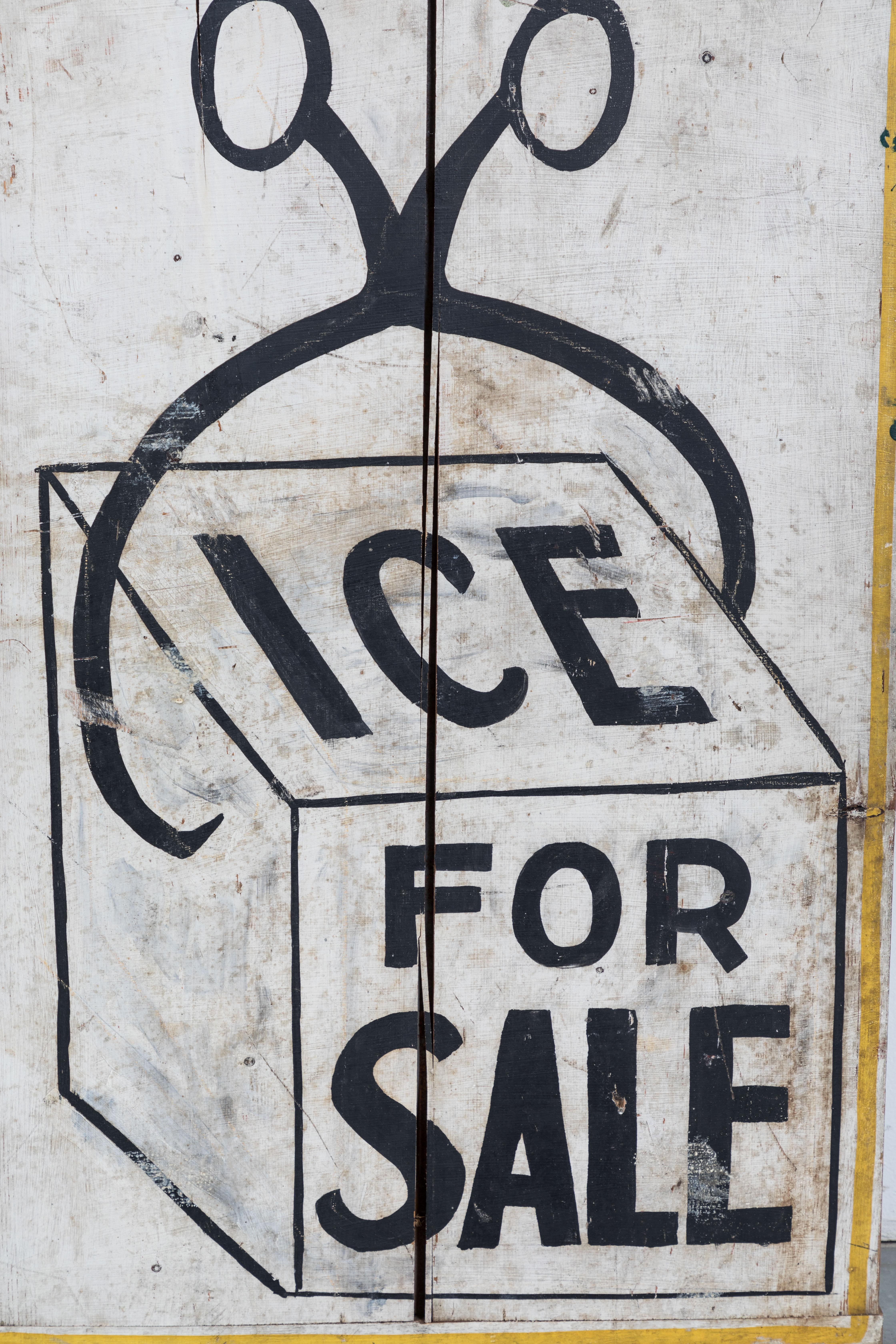 Double Sided General Store Wood and Ice Trade Sign In Good Condition In Santa Monica, CA