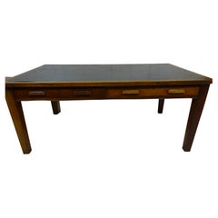 Antique Double Sided George V Partners Desk in Oak with Embossed Leather Top