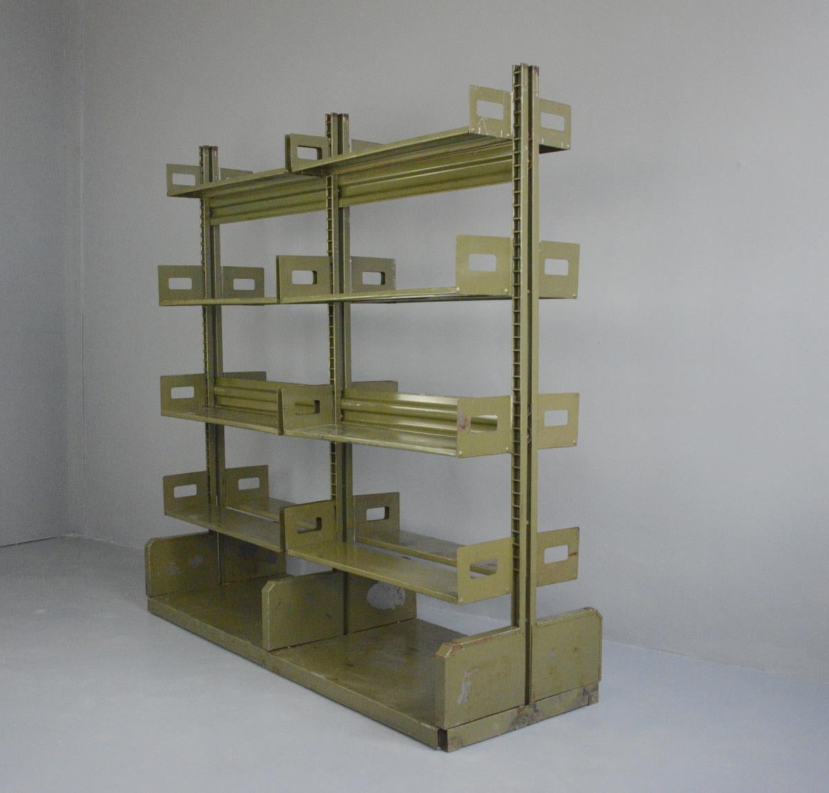 Steel Double Sided Industrial Archive Shelving, circa 1940s