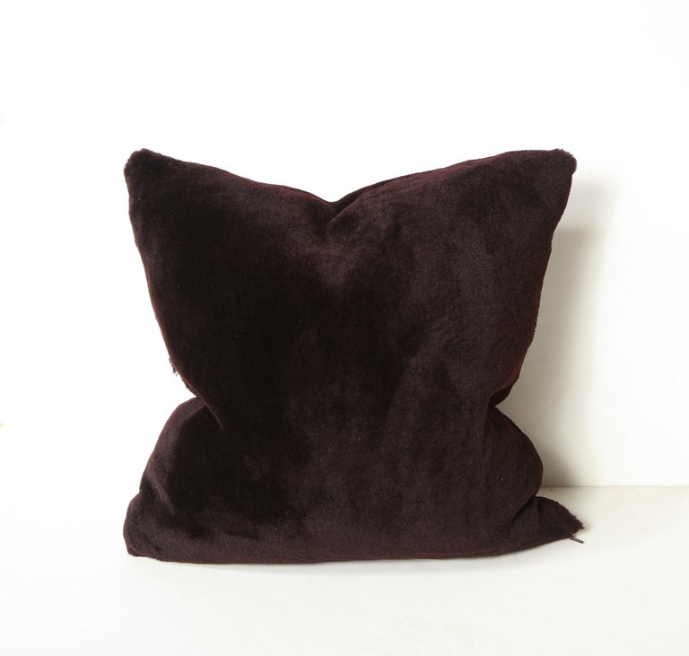 Modern Double Sided Merino Short Hair Shearling Pillow in Deep Plum Color For Sale