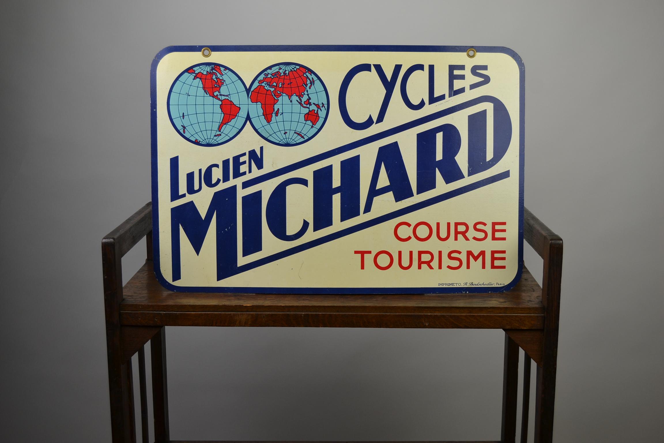 Sporting Art Double-Sided Metal Trade Sign for Cycles Lucien Michard, France, 1950s