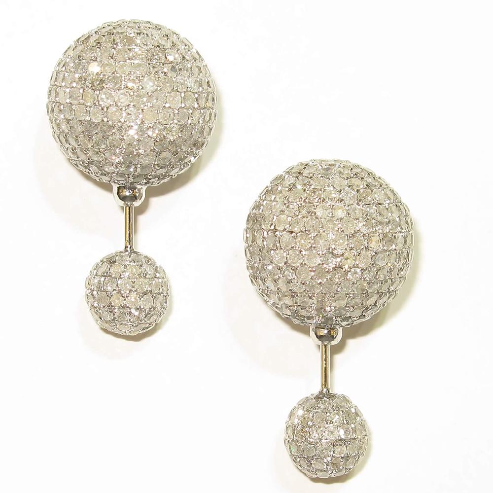 Mixed Cut Double Sided Micro Pave Diamond Set Tunnel Earring Made in 18k Gold & Silver For Sale