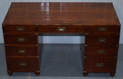 Double Sided Military Campaign Style Partners Desk Teak Brass Fixtures Fittings