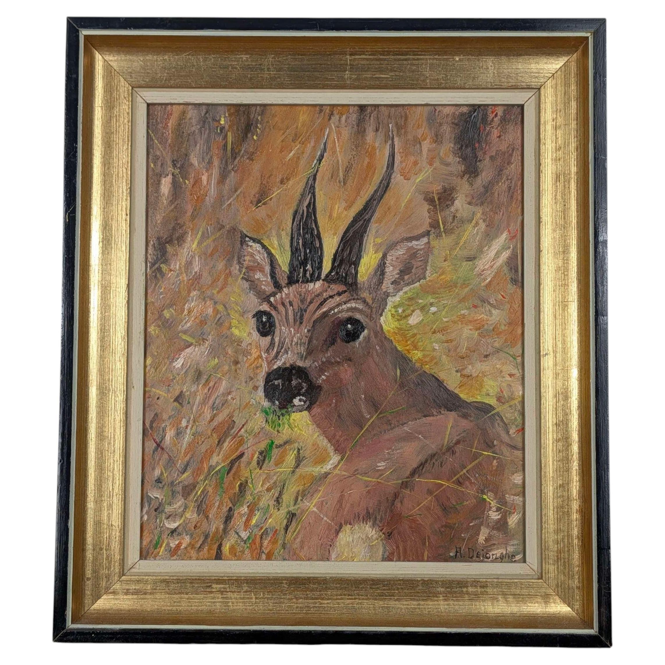 Peinture à l'huile naïve recto-verso, sur des thèmes animaliers et floraux