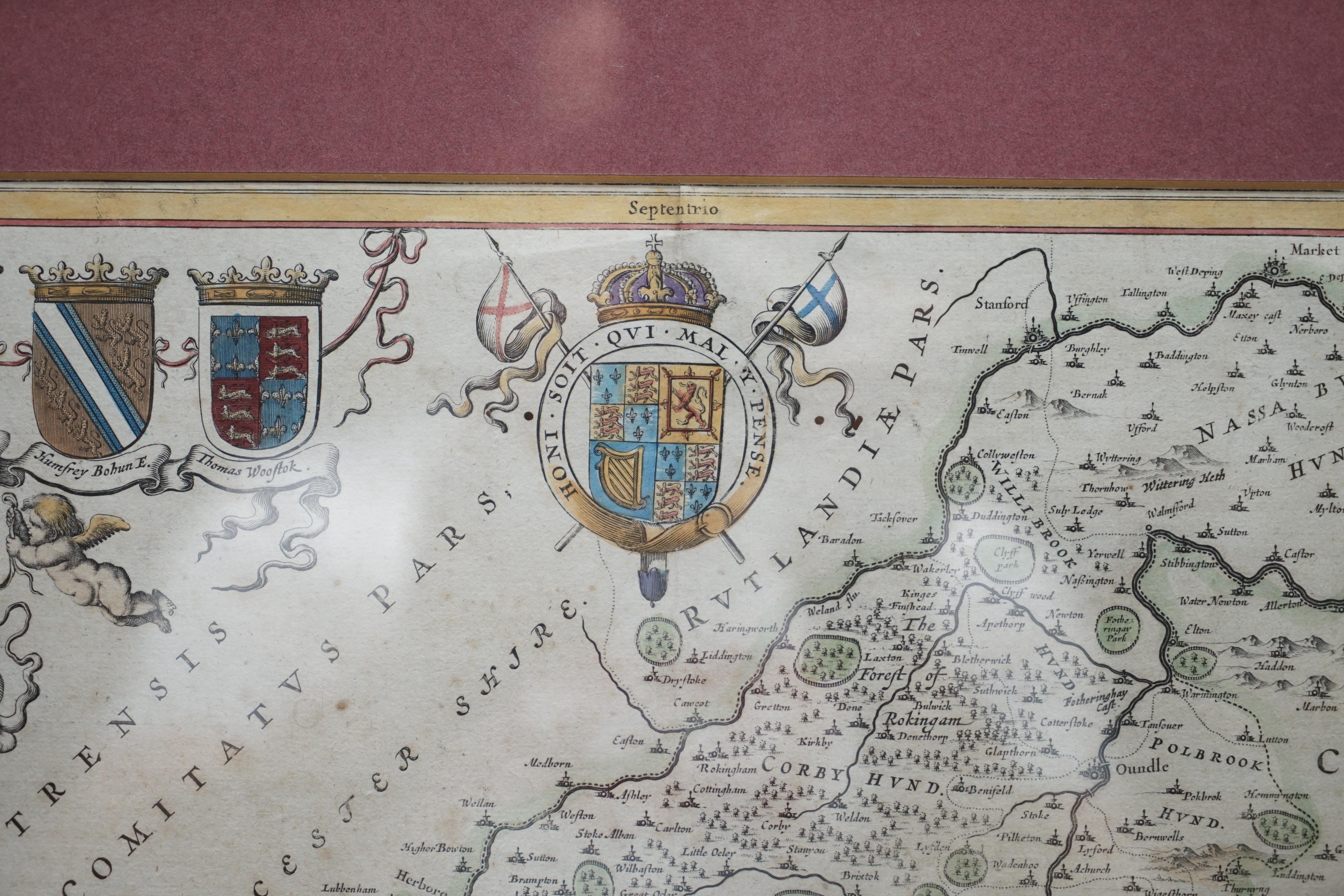 Carte double face Northamptonshire 1645 colorée à la main, imprimée ancienne, trouvaille rare en vente 1