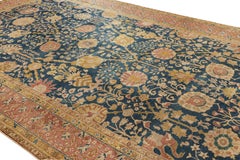 Double-Sided Oversized Antique Agra Rug, Blue with Floral Patterns - Rug & Kilim