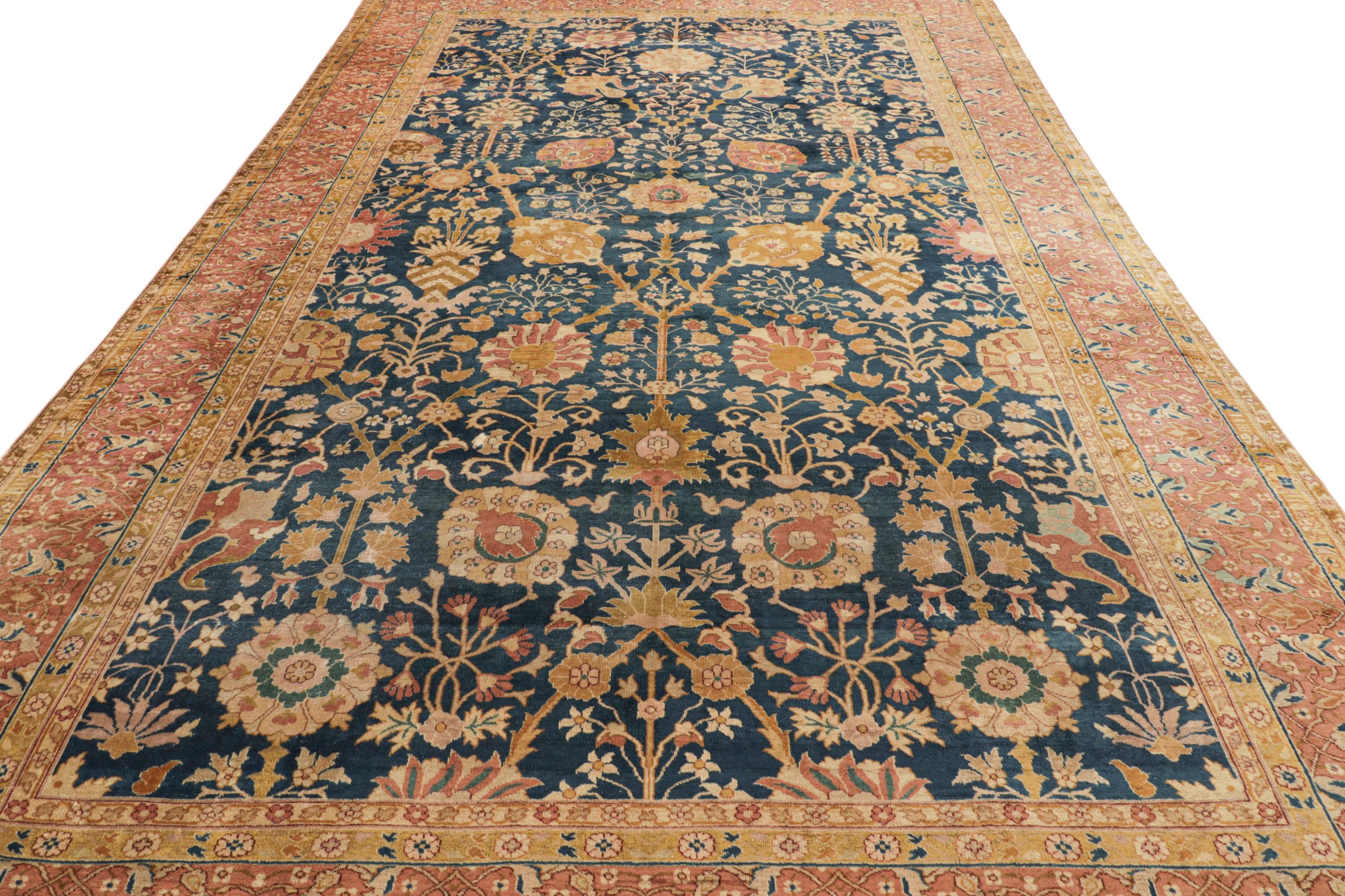 Annodato a mano Tappeto Agra antico e sovradimensionato, blu con motivi floreali - Rug & Kilim in vendita