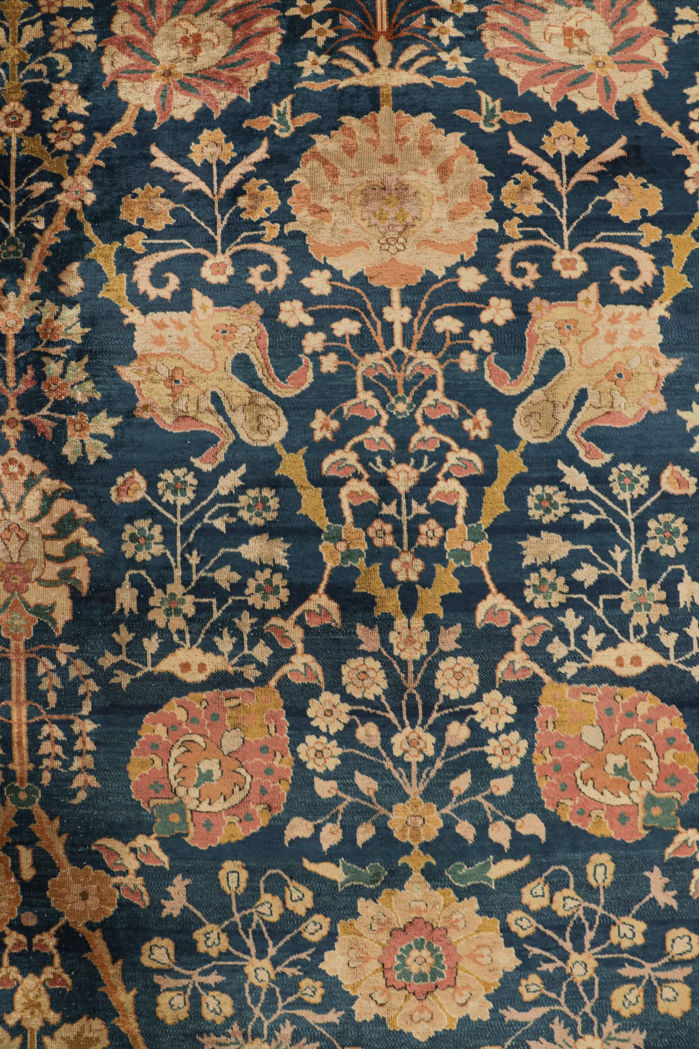 Lana Tappeto Agra antico e sovradimensionato, blu con motivi floreali - Rug & Kilim in vendita